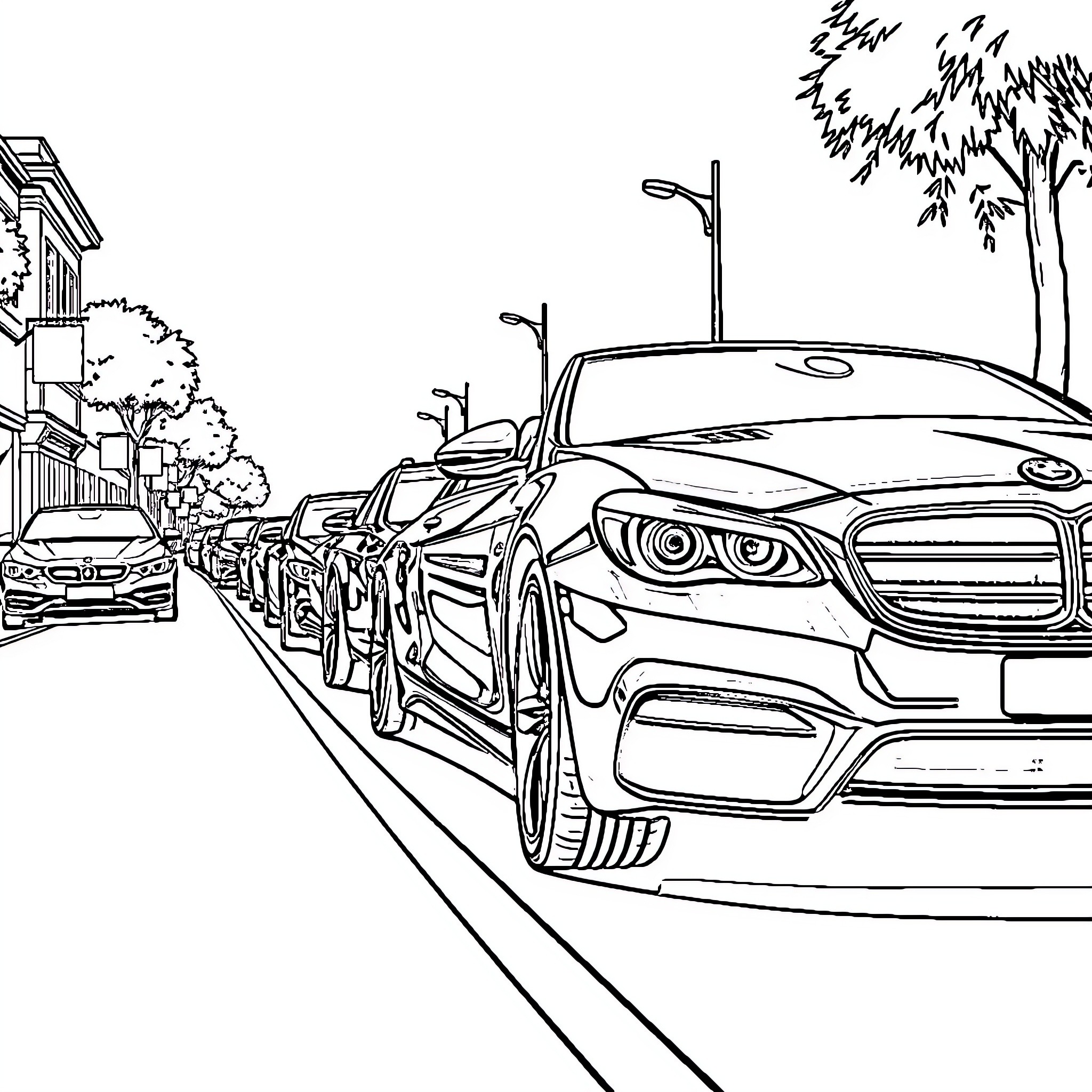 Auto traffic passing through residential neighborhood Coloring Page (free black-and-white line drawing printable PDF for all, from beginners to advanced learners, including children, teens, adults, and seniors)