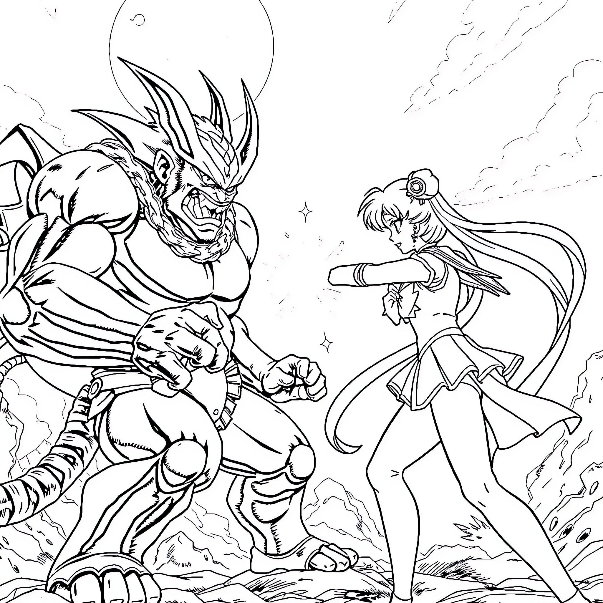 Sangoku - Fierce Battle Between Warrior and Magical Girl Coloring Page (free black-and-white line drawing printable PDF for all, from beginners to advanced learners, including children, teens, adults, and seniors)