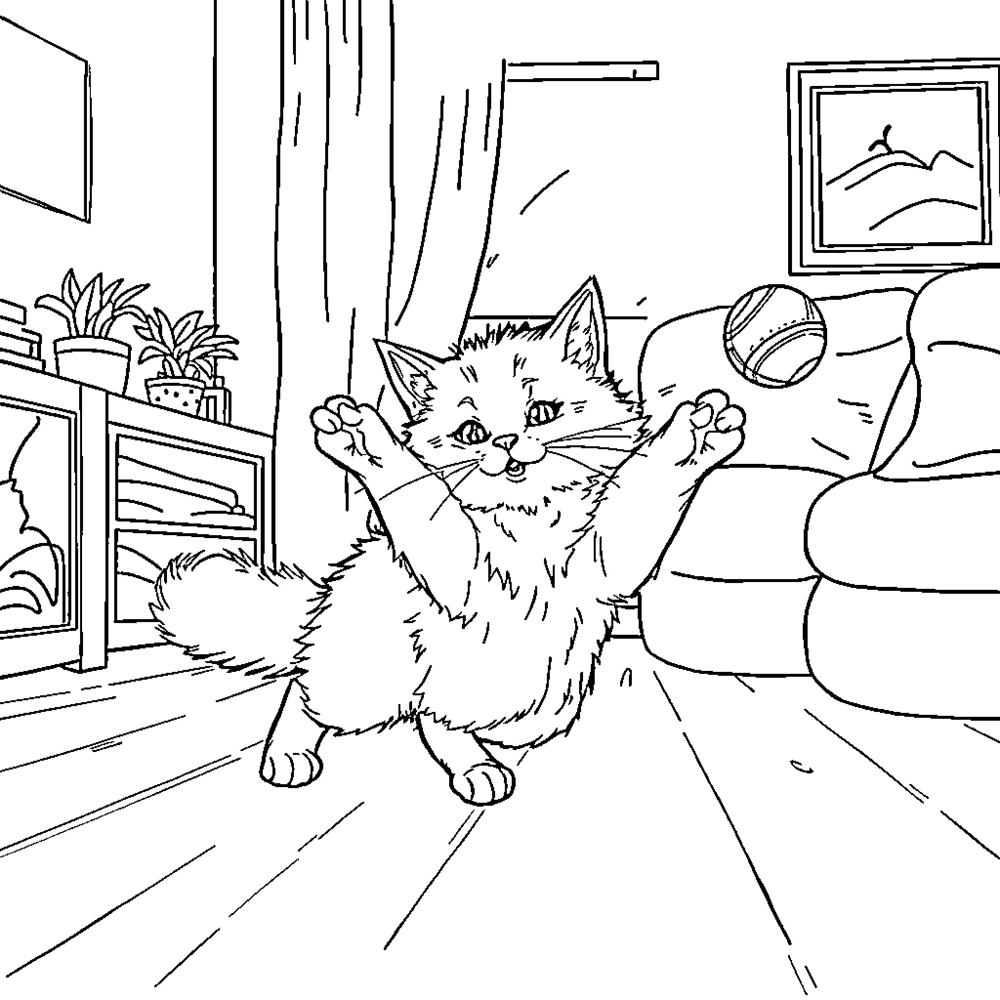 Cat enjoying a cozy day at home Coloring Page (free black-and-white line drawing printable PDF for all, from beginners to advanced learners, including children, teens, adults, and seniors)