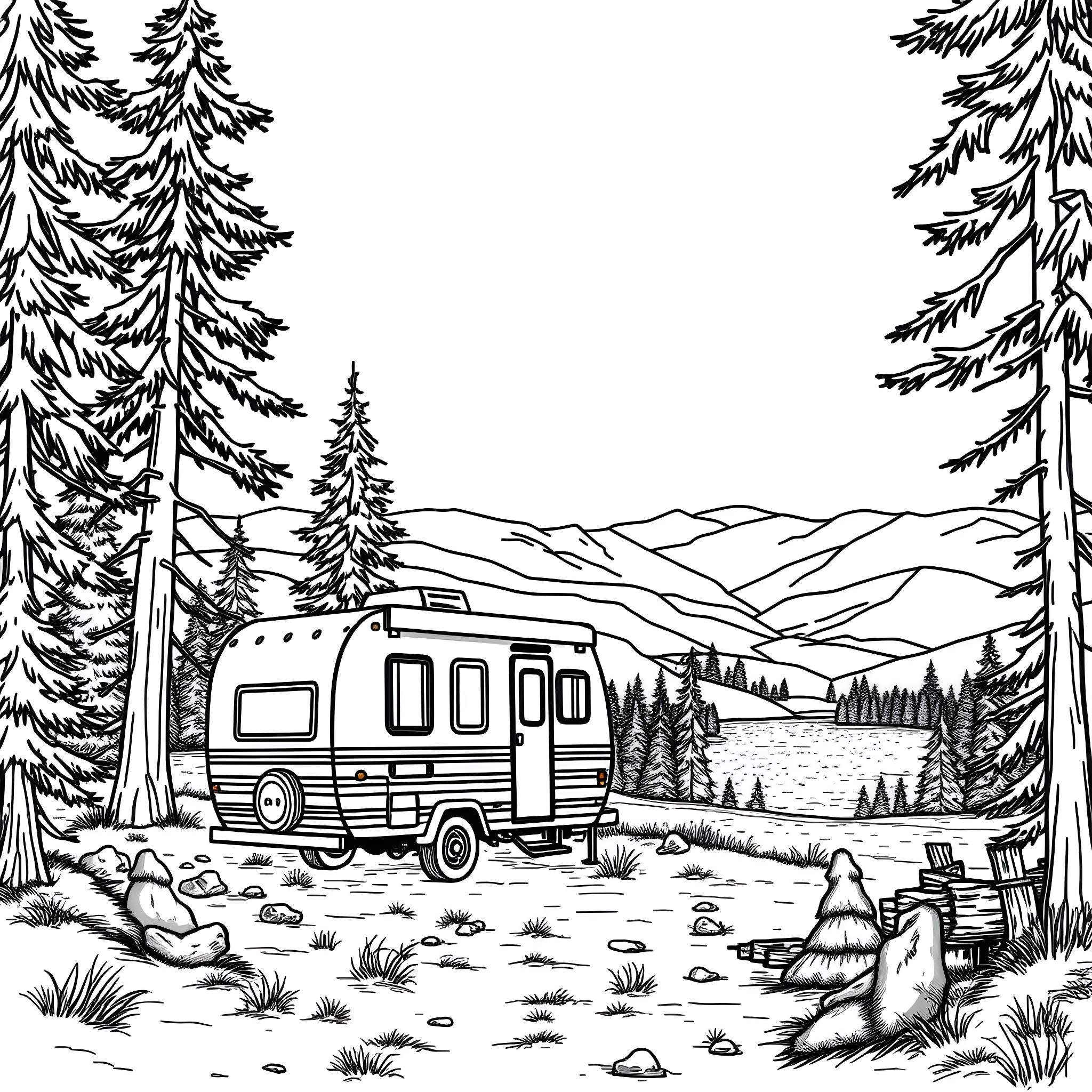 Trailer camping in a serene mountain forest landscape Coloring Page (free black-and-white line drawing printable PDF for all, from beginners to advanced learners, including children, teens, adults, and seniors)