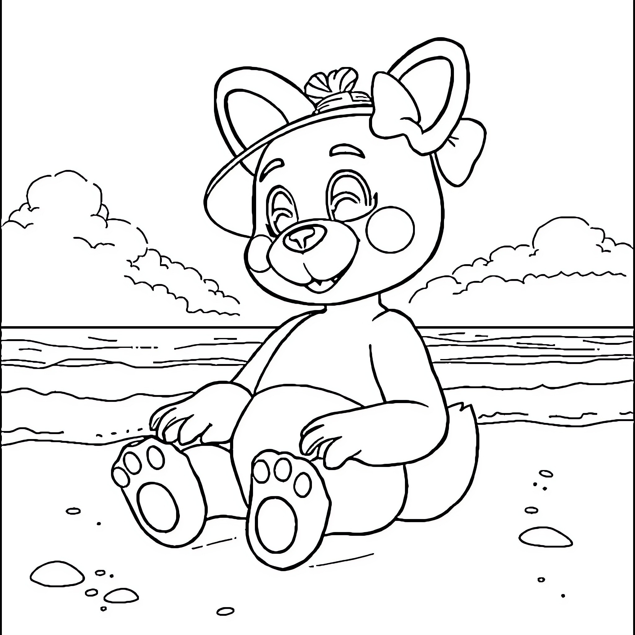 Bonnie the Adorable Bear Enjoys the Beach Coloring Page (free black-and-white line drawing printable PDF for all, from beginners to advanced learners, including children, teens, adults, and seniors)