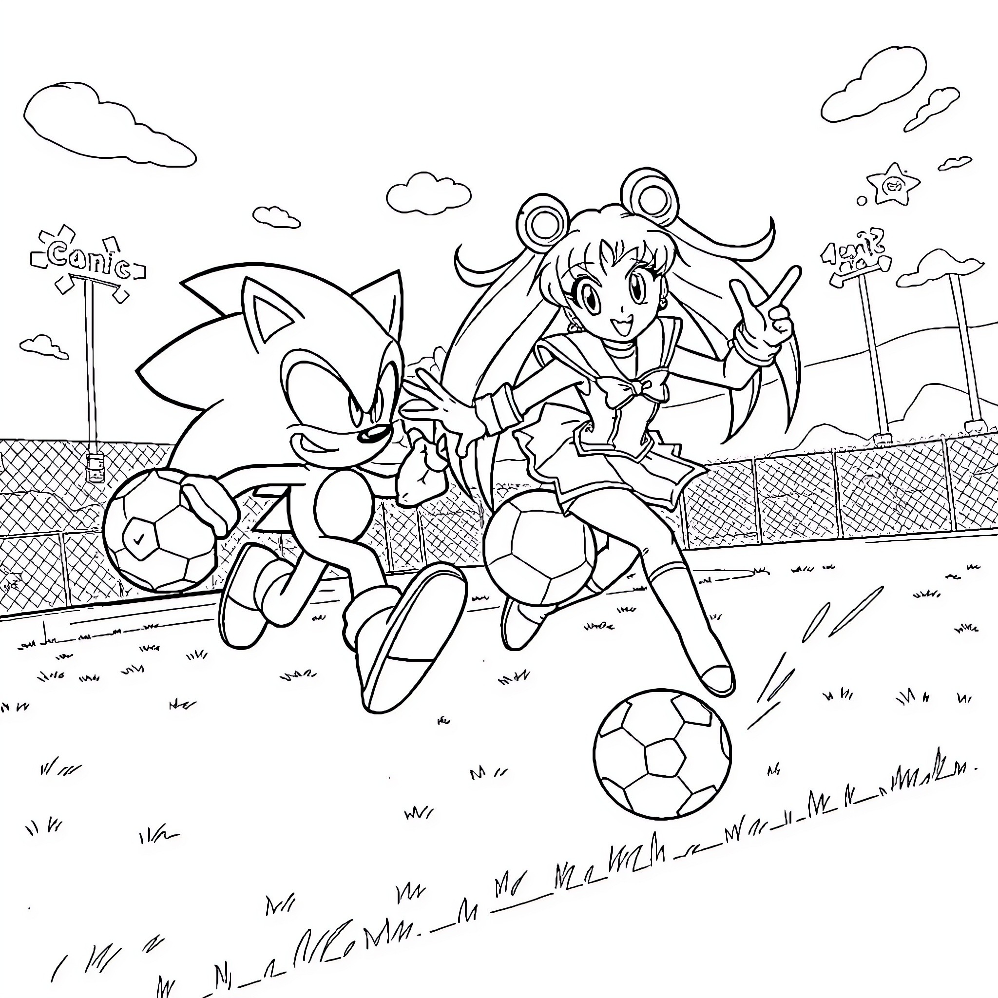 Sonic characters playing soccer in the park Coloring Page (free black-and-white line drawing printable PDF for all, from beginners to advanced learners, including children, teens, adults, and seniors)