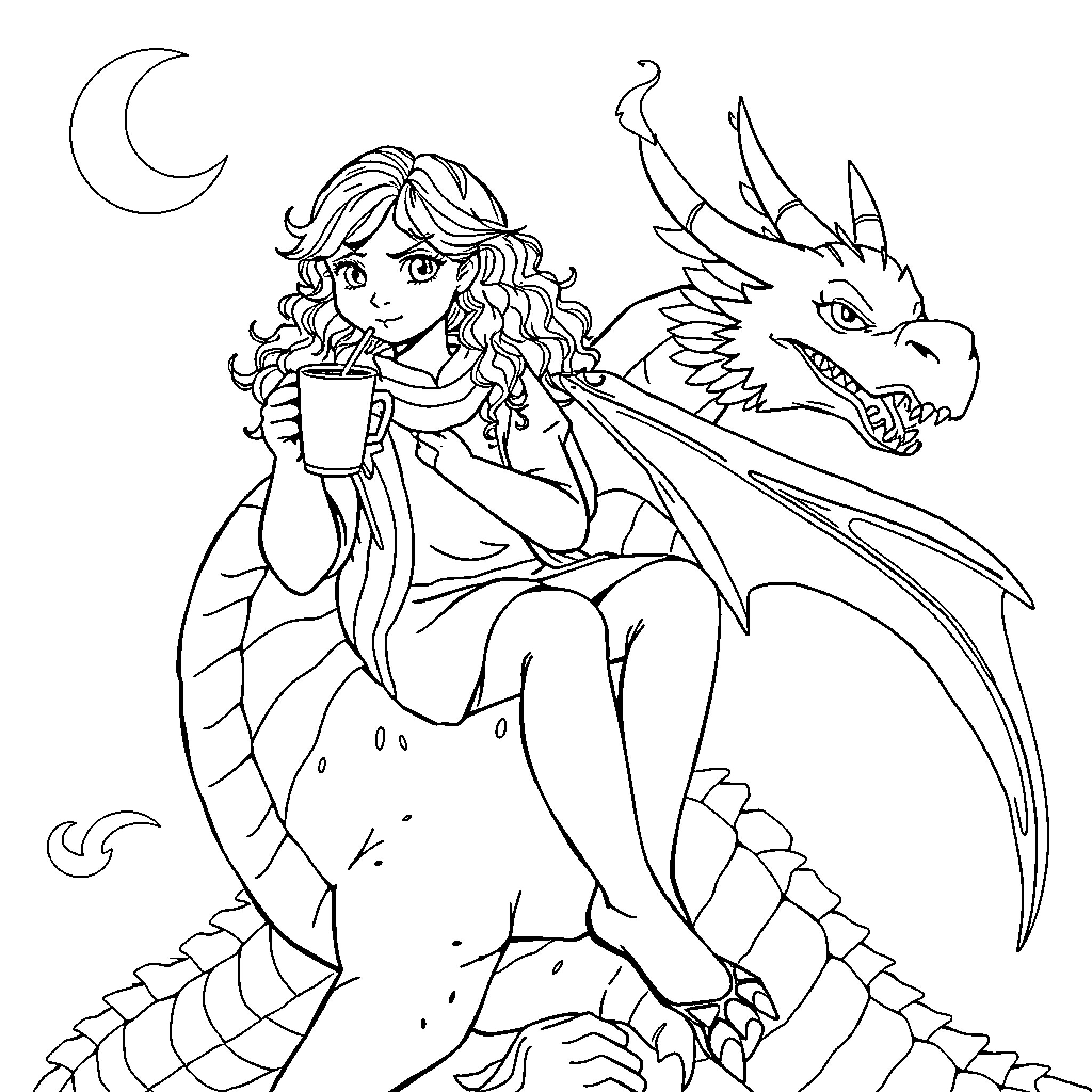 Slytherin Witch and Her Majestic Dragon Companion Coloring Page (free black-and-white line drawing printable PDF for all, from beginners to advanced learners, including children, teens, adults, and seniors)