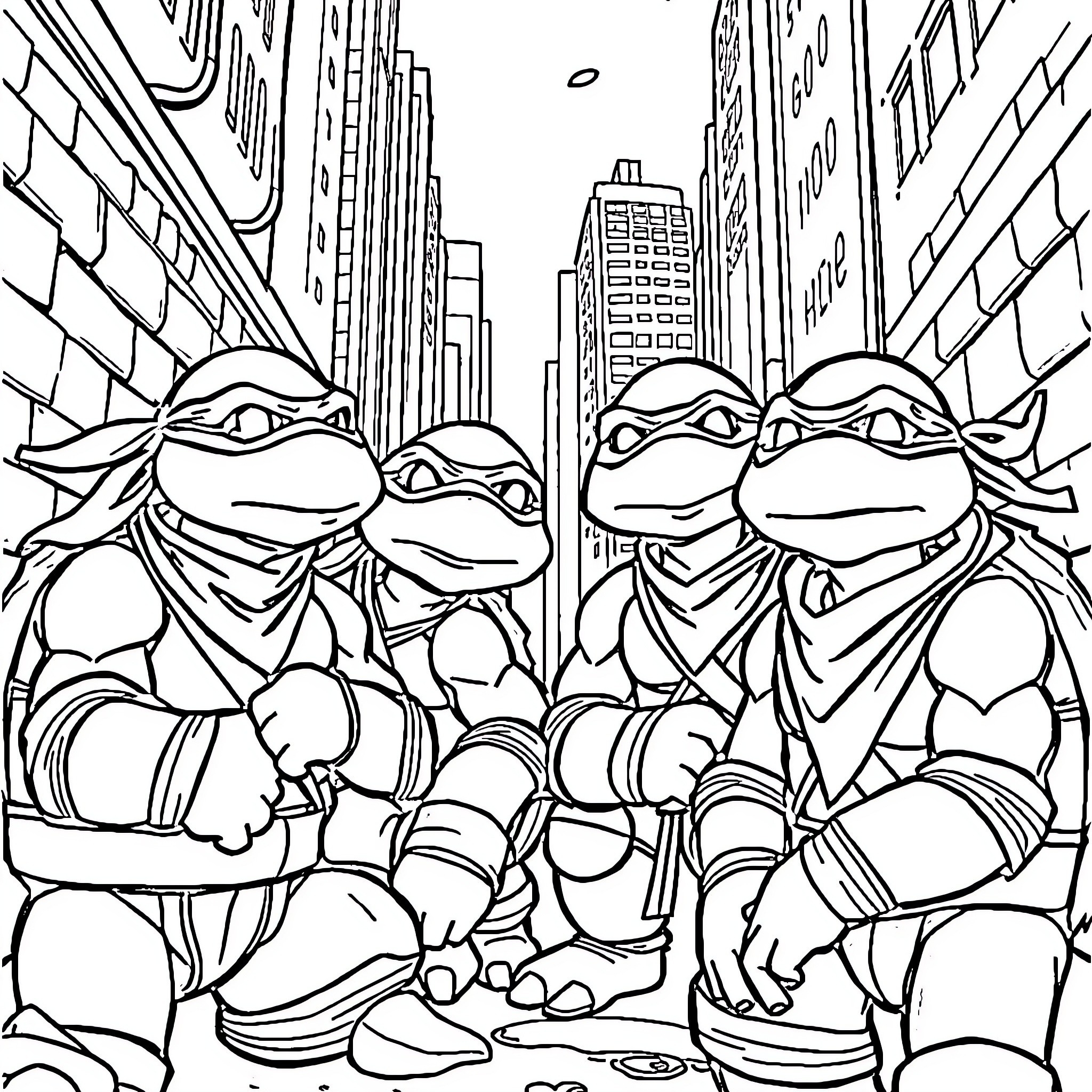 Ninja Turtles exploring the city streets Coloring Page (free black-and-white line drawing printable PDF for all, from beginners to advanced learners, including children, teens, adults, and seniors)