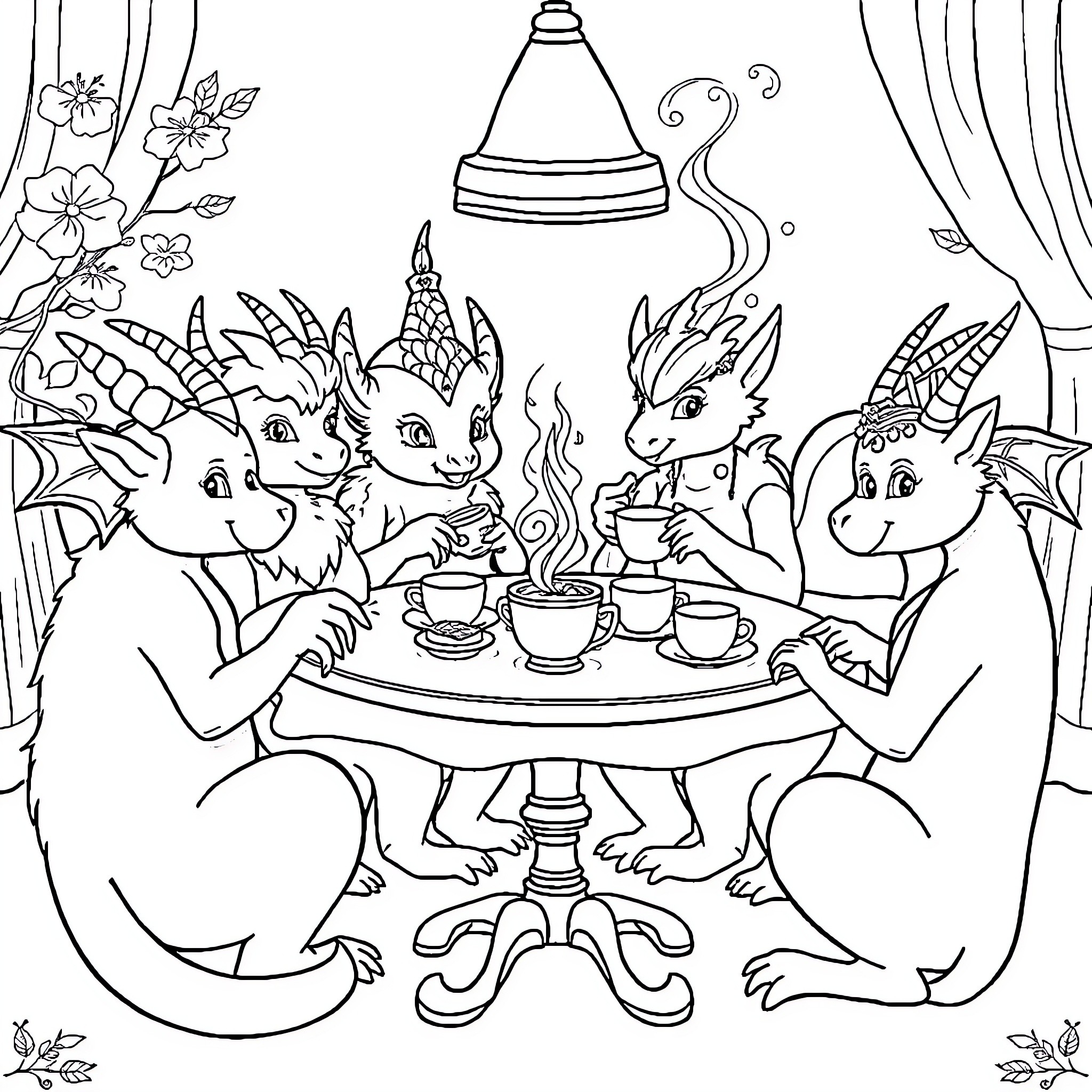 Mythical Creatures Enjoying Tea Party Coloring Page (free black-and-white line drawing printable PDF for all, from beginners to advanced learners, including children, teens, adults, and seniors)