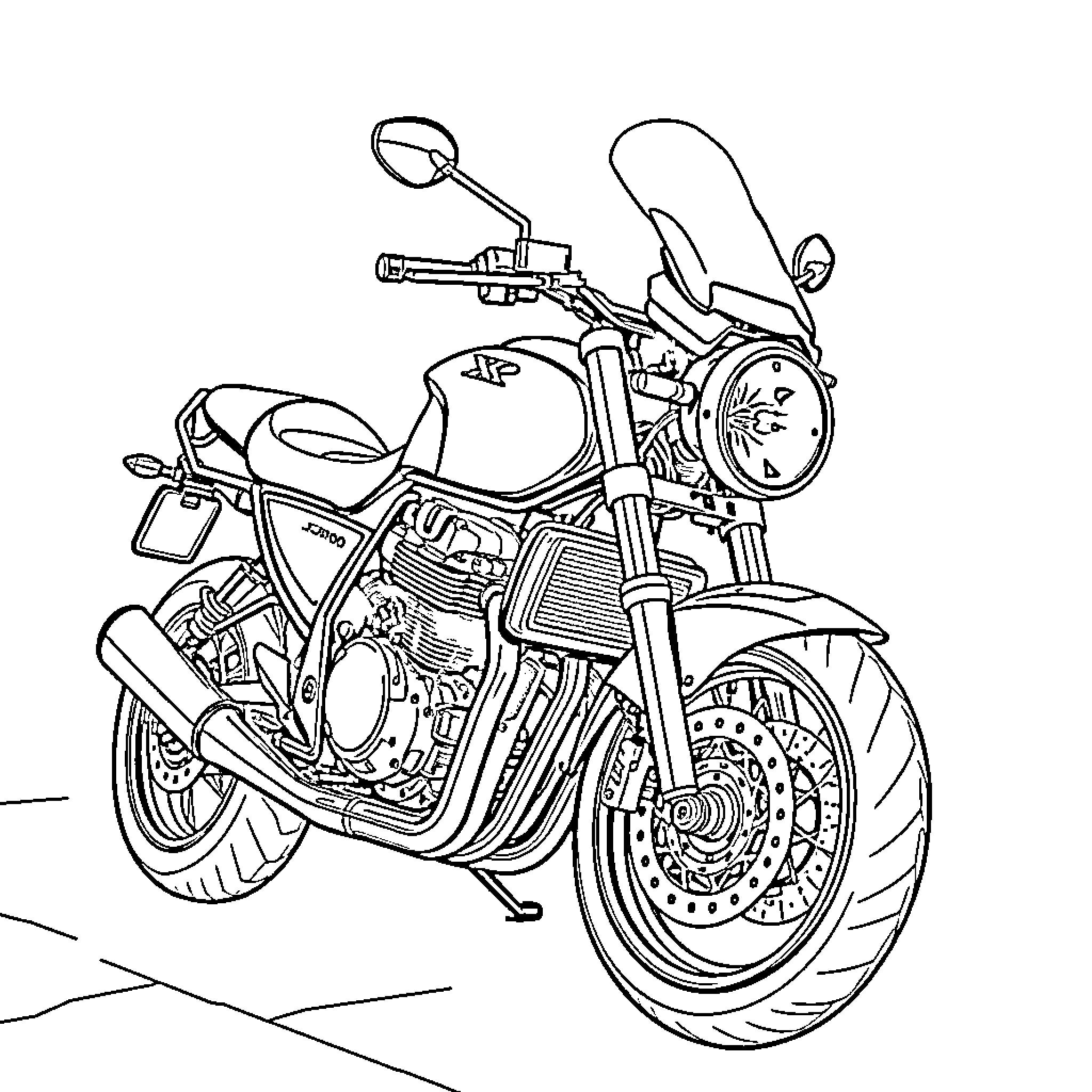 XJR 1200 Motorcycle in Motion Coloring Page (free black-and-white line drawing printable PDF for all, from beginners to advanced learners, including children, teens, adults, and seniors)