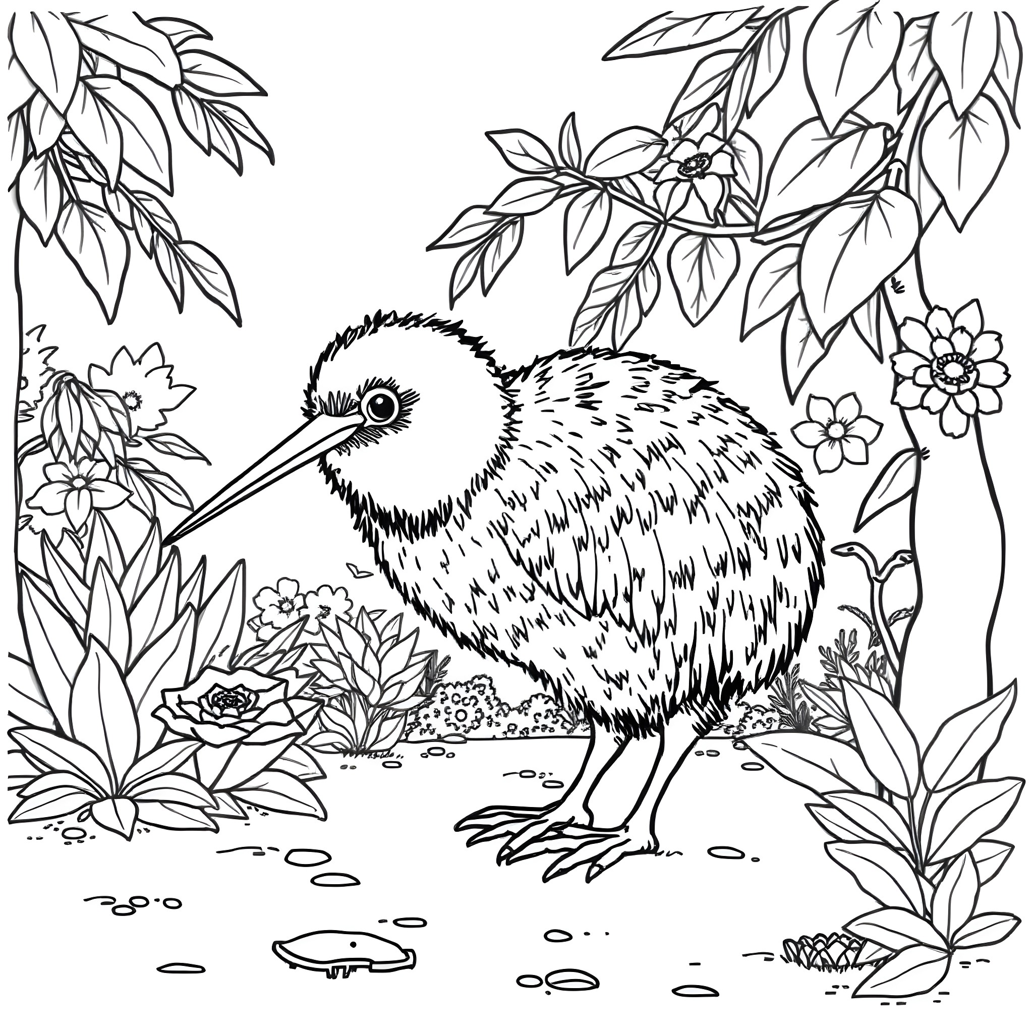 Kiwi bird surrounded by vibrant foliage Coloring Page (free black-and-white line drawing printable PDF for all, from beginners to advanced learners, including children, teens, adults, and seniors)
