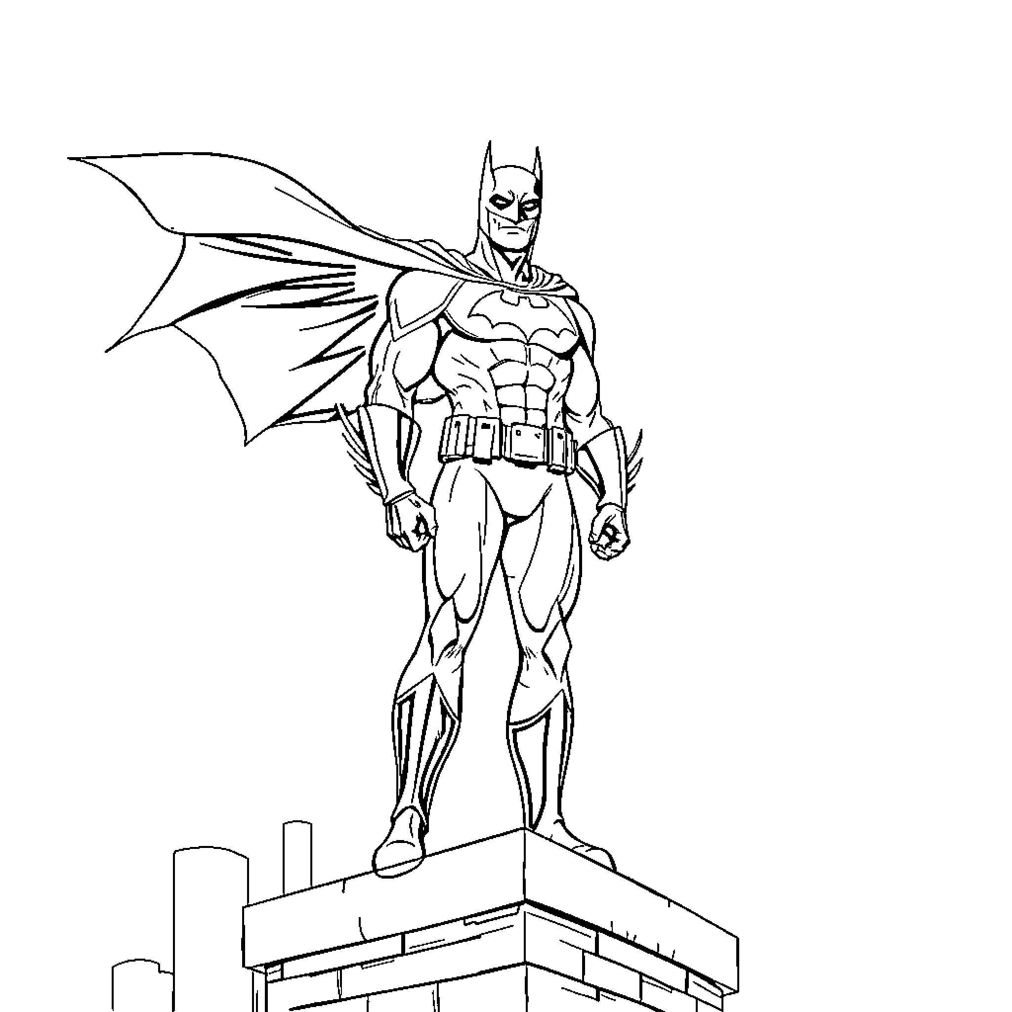 Batman standing heroically on a rooftop Coloring Page (free black-and-white line drawing printable PDF for all, from beginners to advanced learners, including children, teens, adults, and seniors)