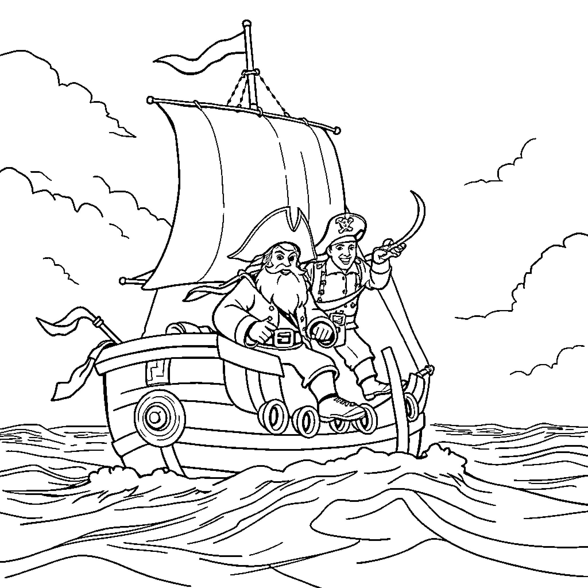 Barco Pirata sailing the high seas with crew Coloring Page (free black-and-white line drawing printable PDF for all, from beginners to advanced learners, including children, teens, adults, and seniors)