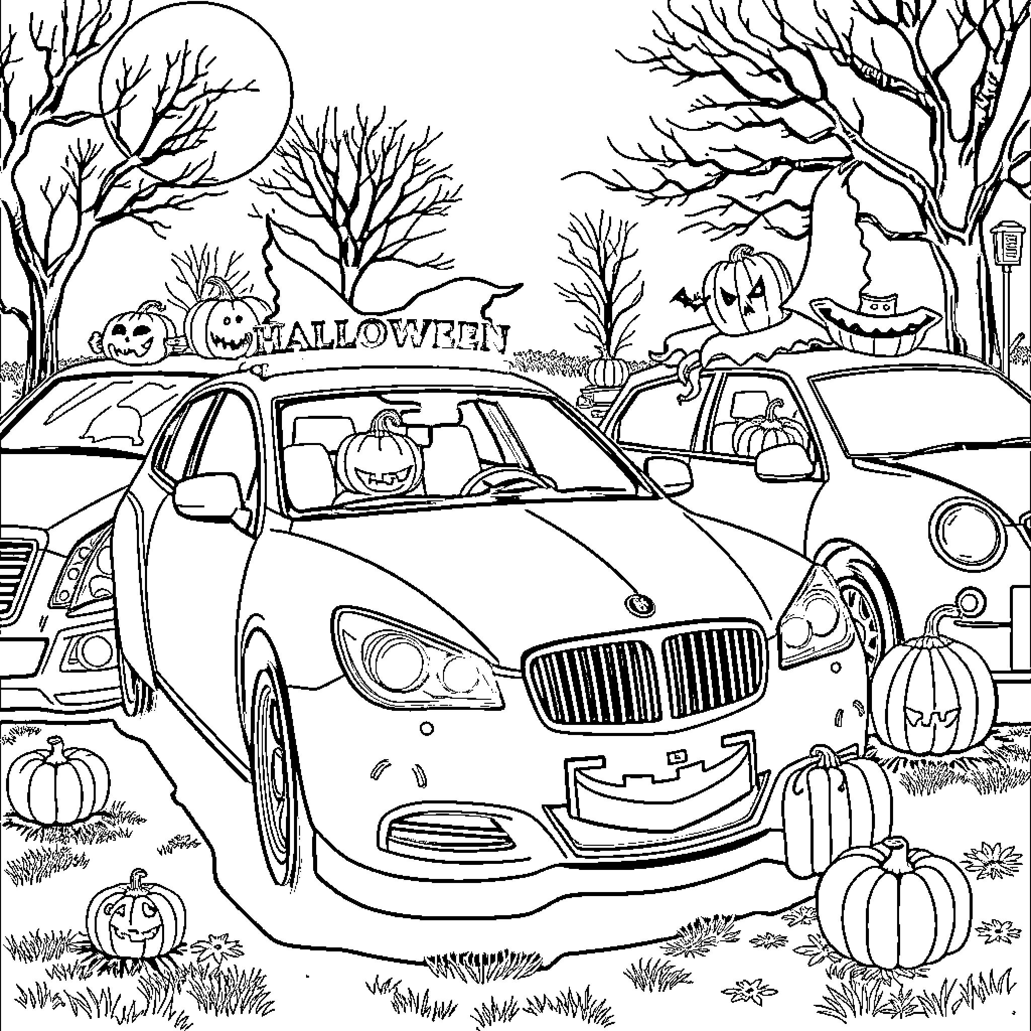 Cars on a Halloween Night Outing Coloring Page (free black-and-white line drawing printable PDF for all, from beginners to advanced learners, including children, teens, adults, and seniors)