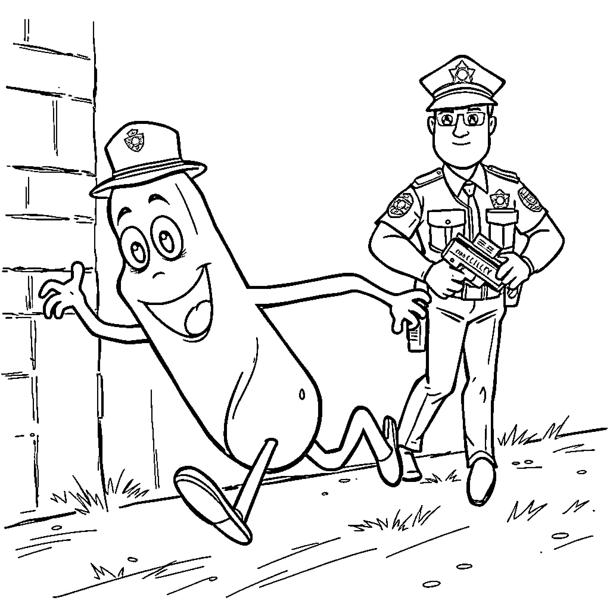 Dill Pickle Meets Friendly Police Officer Coloring Page (free black-and-white line drawing printable PDF for all, from beginners to advanced learners, including children, teens, adults, and seniors)