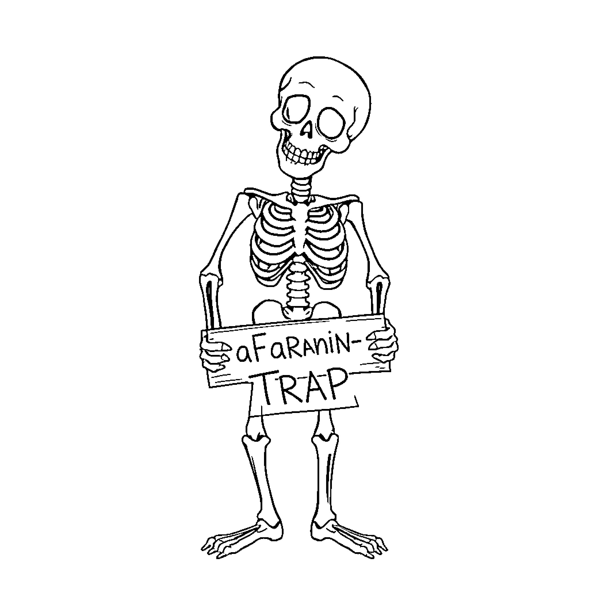 Skeleton holding 'Afamin-trap' sign Coloring Page (free black-and-white line drawing printable PDF for all, from beginners to advanced learners, including children, teens, adults, and seniors)