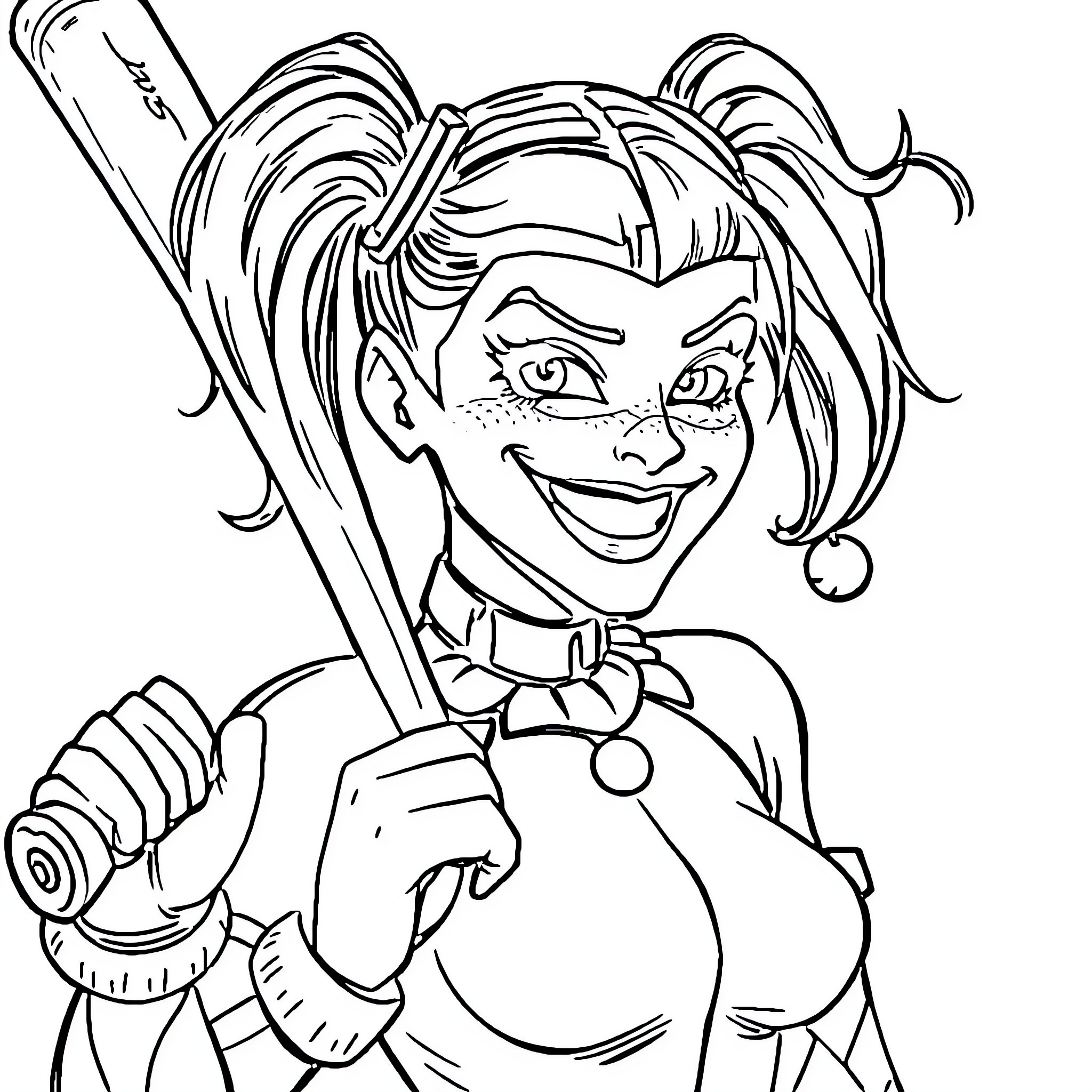 Harley Quinn in mischievous action with baseball bat Coloring Page (free black-and-white line drawing printable PDF for all, from beginners to advanced learners, including children, teens, adults, and seniors)