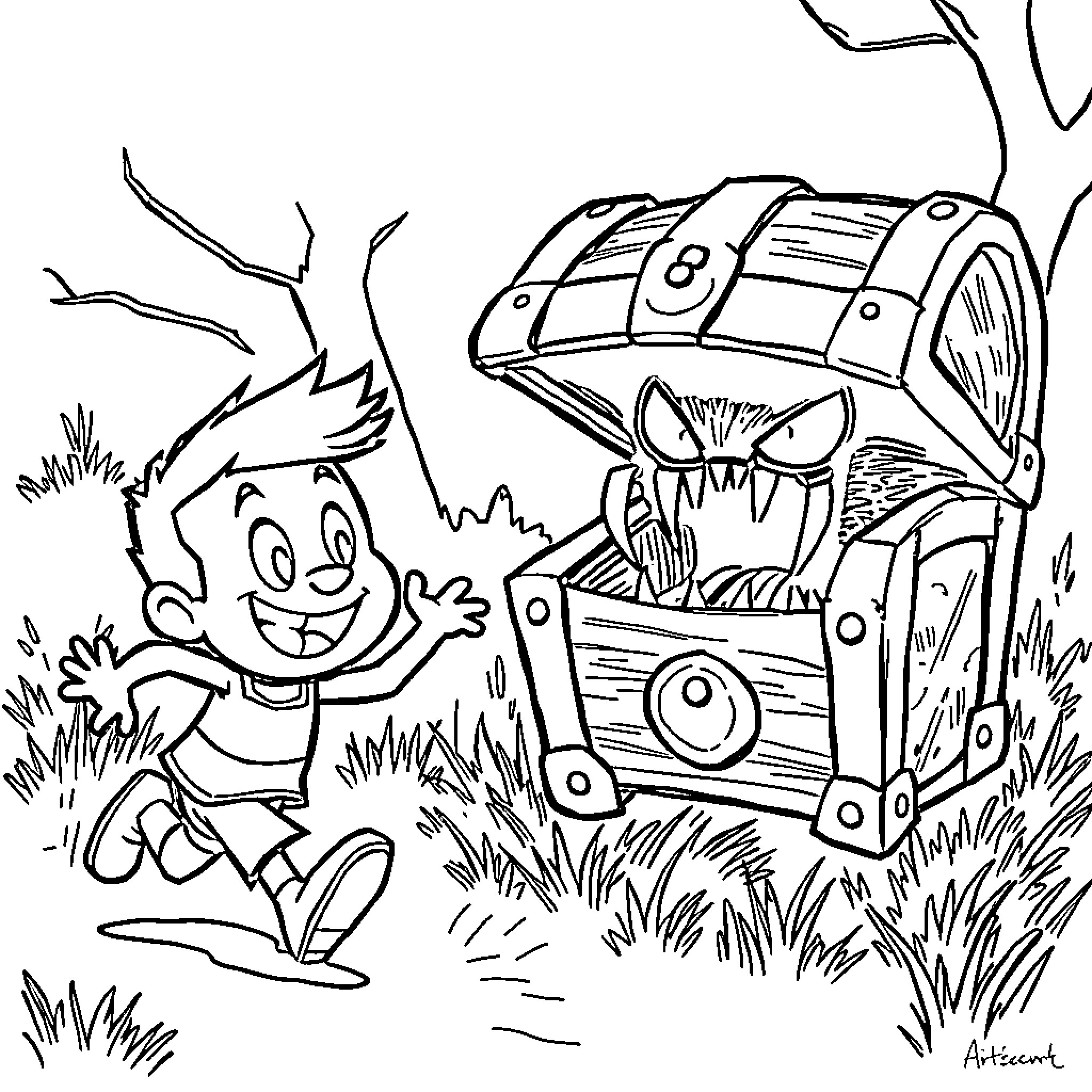 Chuck's Exciting Treasure Hunt Adventure Coloring Page (free black-and-white line drawing printable PDF for all, from beginners to advanced learners, including children, teens, adults, and seniors)