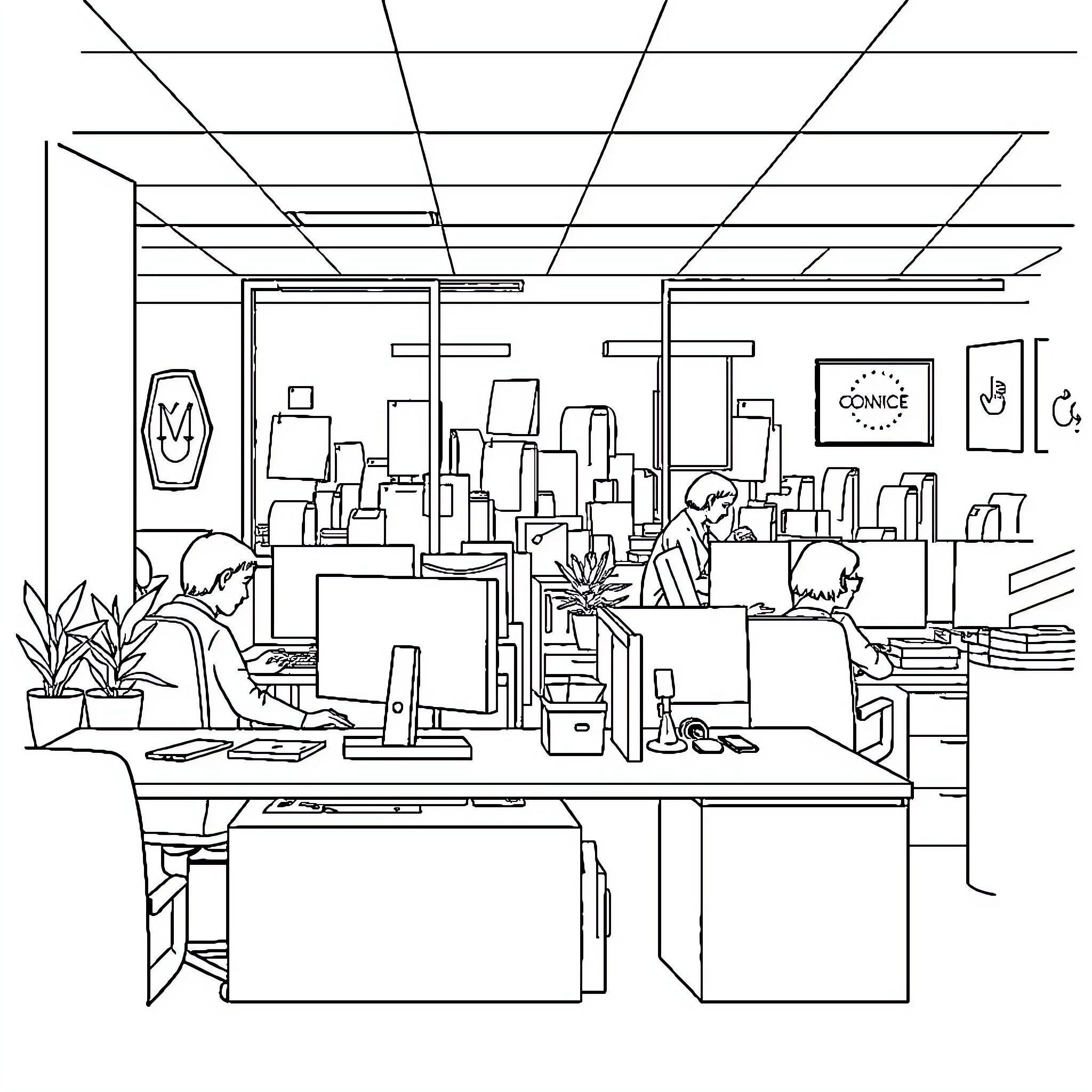 Monster Busy Office with Desks and Supplies Coloring Page (free black-and-white line drawing printable PDF for all, from beginners to advanced learners, including children, teens, adults, and seniors)