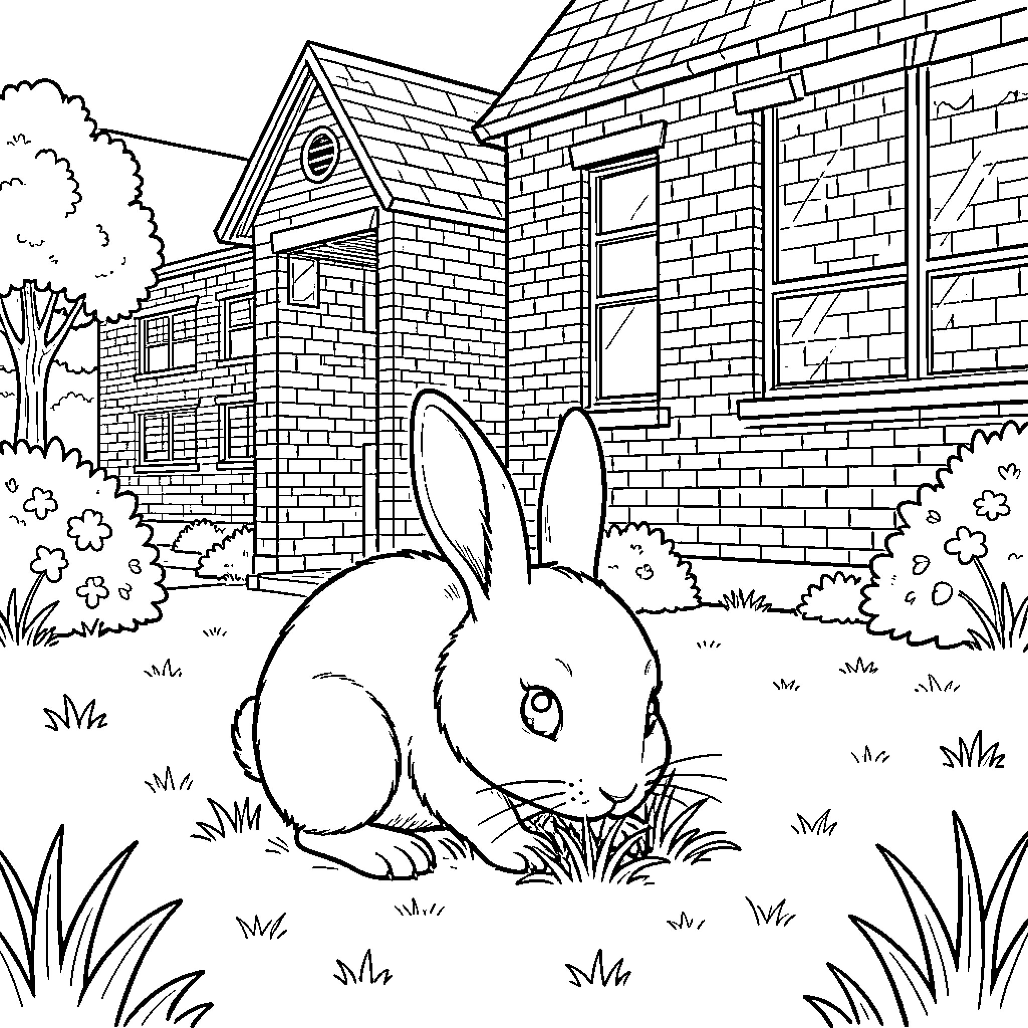 Rabbit exploring a cozy suburban neighborhood Coloring Page (free black-and-white line drawing printable PDF for all, from beginners to advanced learners, including children, teens, adults, and seniors)