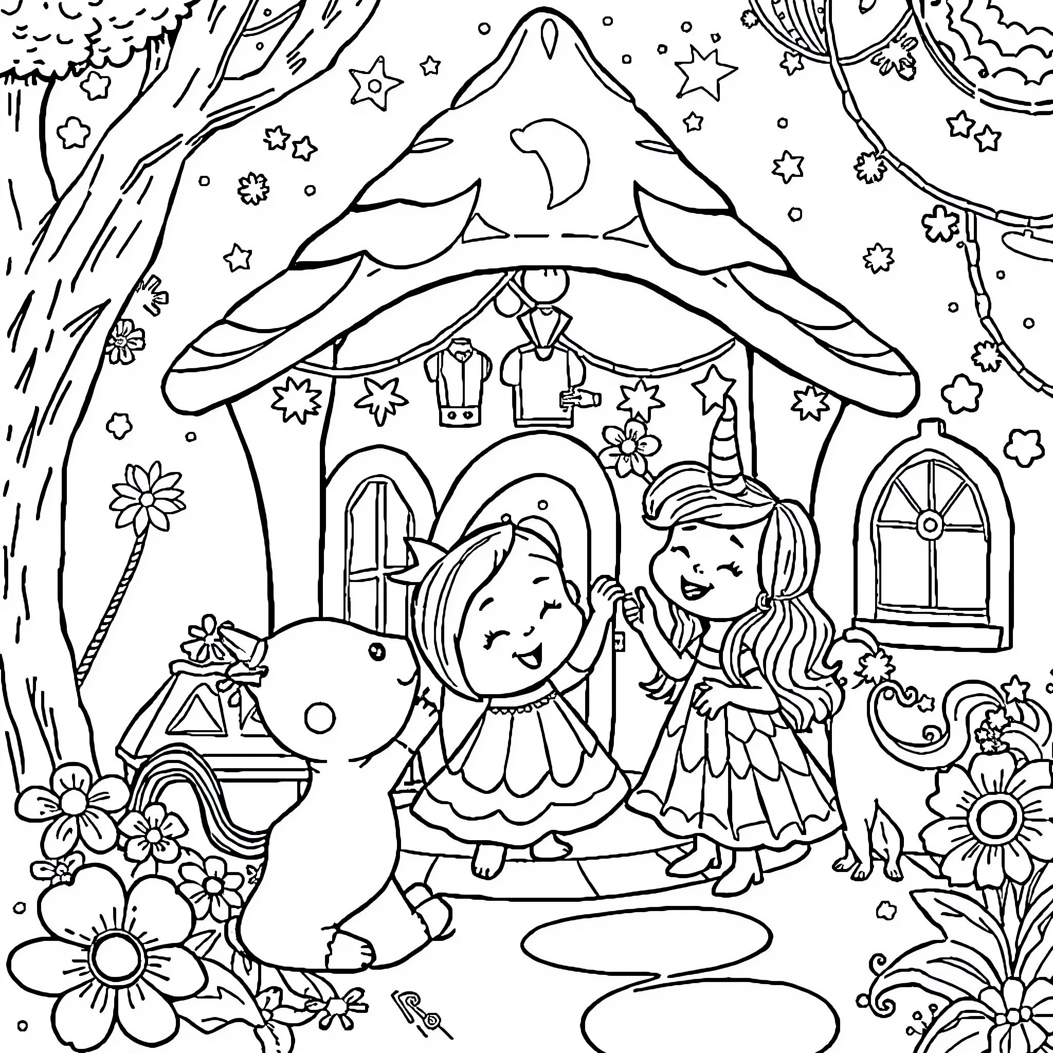 Gaby's Enchanted Fairy Cottage Adventure Coloring Page (free black-and-white line drawing printable PDF for all, from beginners to advanced learners, including children, teens, adults, and seniors)