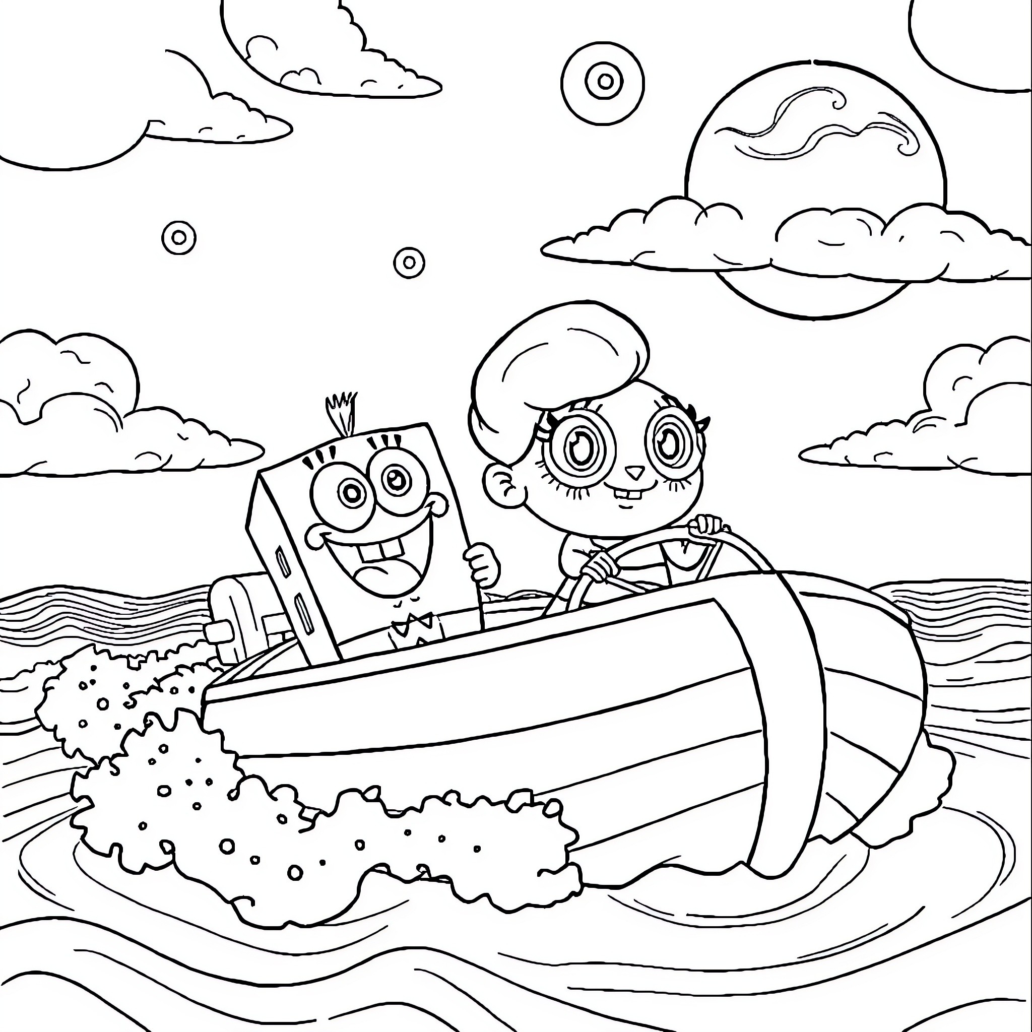 Bob esponja riding in a submarine with his friend Coloring Page (free black-and-white line drawing printable PDF for all, from beginners to advanced learners, including children, teens, adults, and seniors)