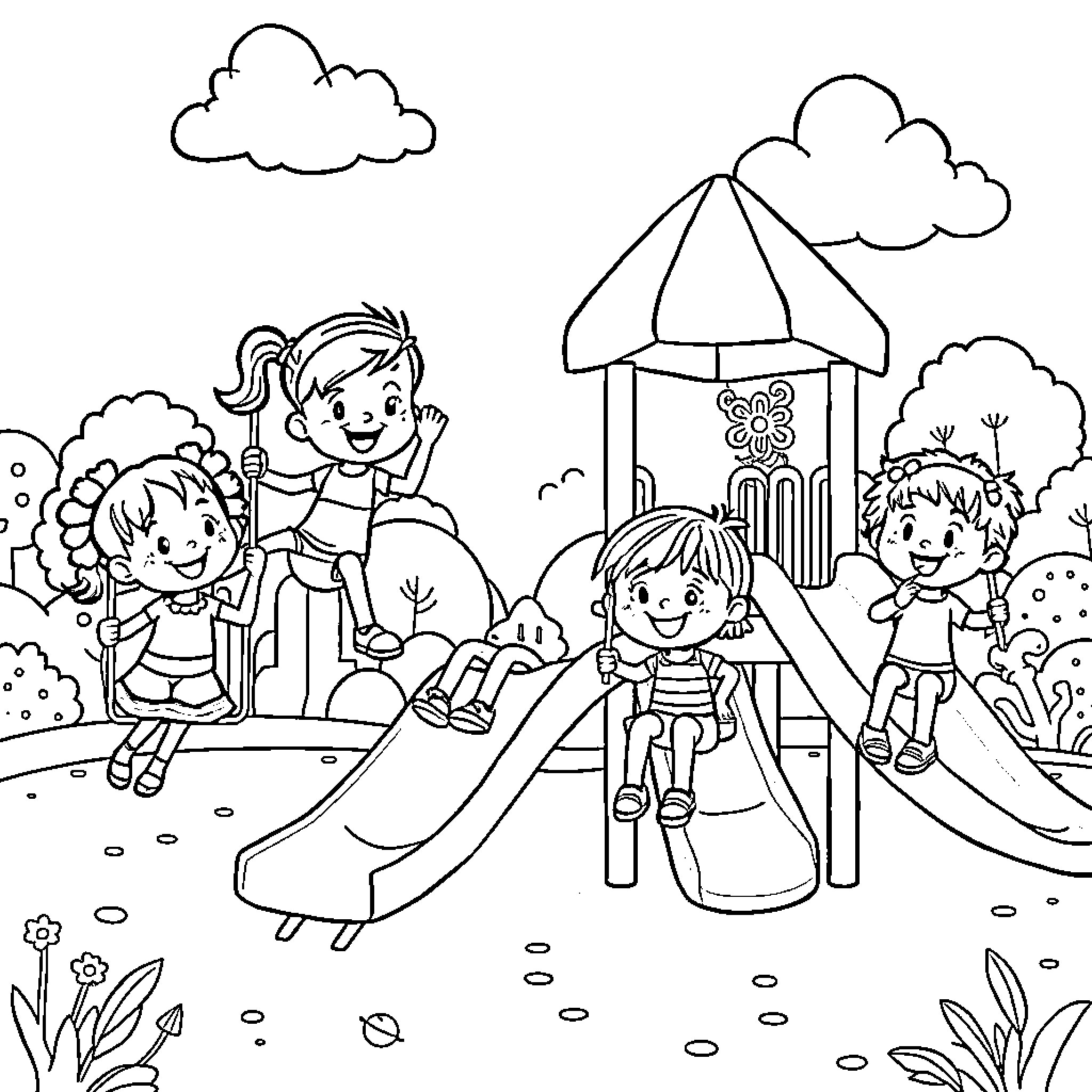 Teenieping kids playing happily on the playground Coloring Page (free black-and-white line drawing printable PDF for all, from beginners to advanced learners, including children, teens, adults, and seniors)