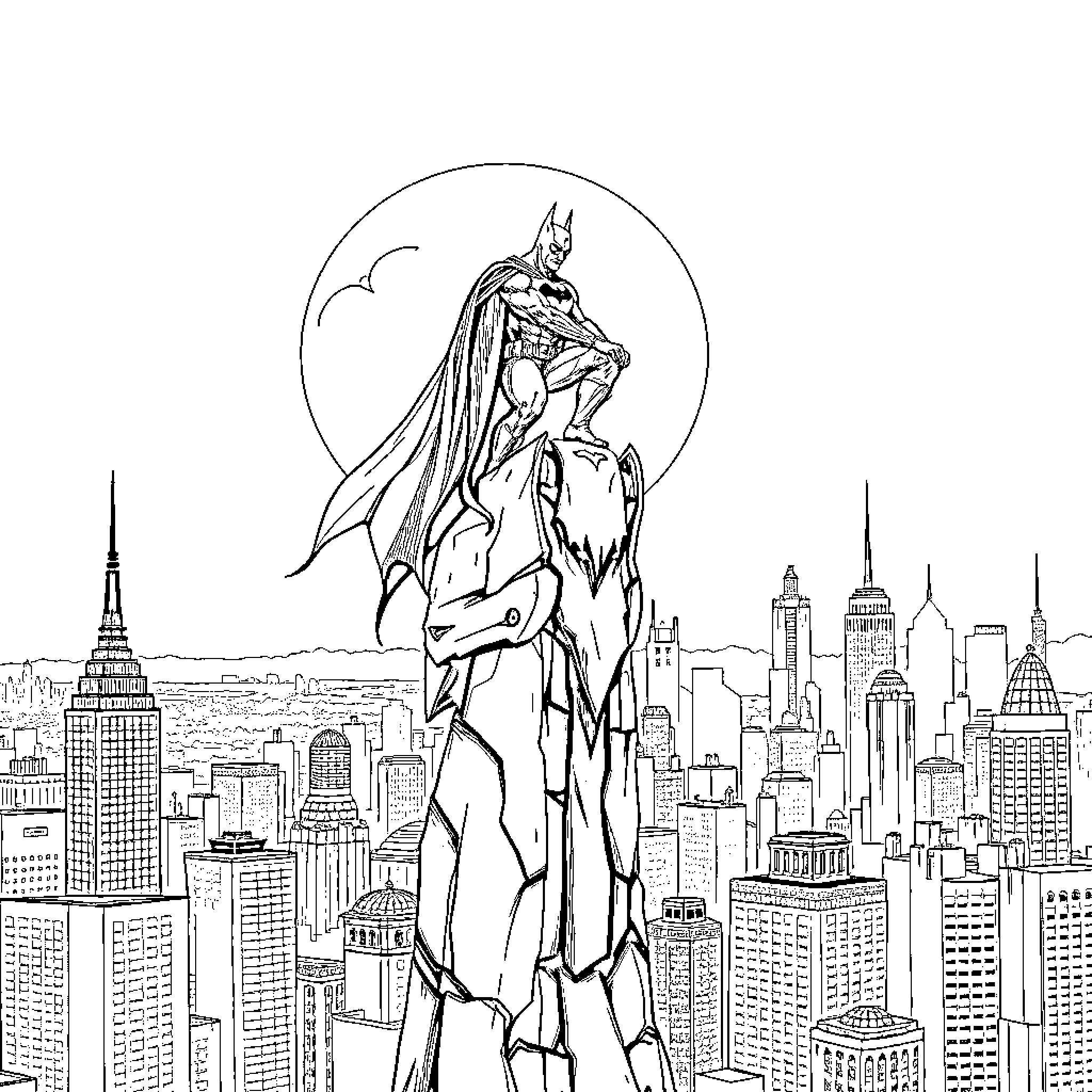 Batman, the Caped Crusader, surveys the city skyline Coloring Page (free black-and-white line drawing printable PDF for all, from beginners to advanced learners, including children, teens, adults, and seniors)