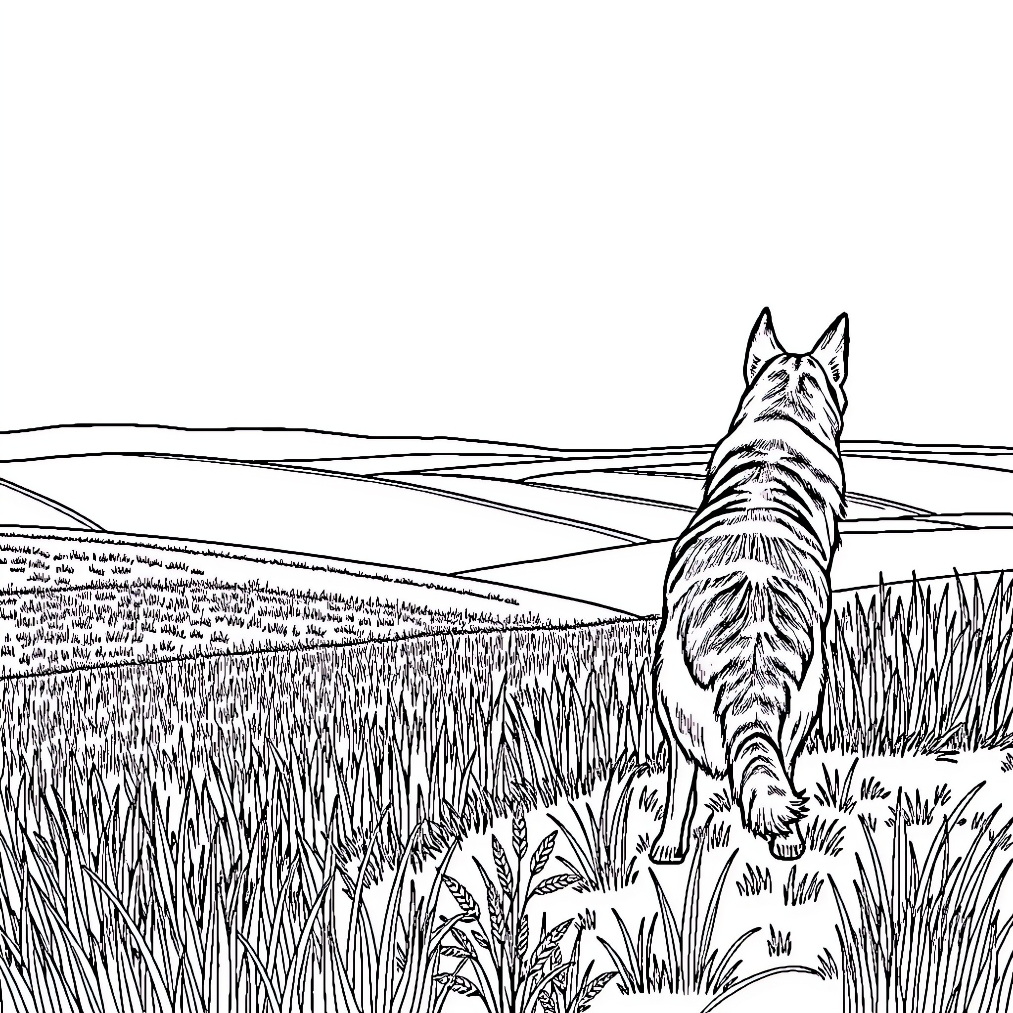 German Shepherd exploring the vast countryside Coloring Page (free black-and-white line drawing printable PDF for all, from beginners to advanced learners, including children, teens, adults, and seniors)