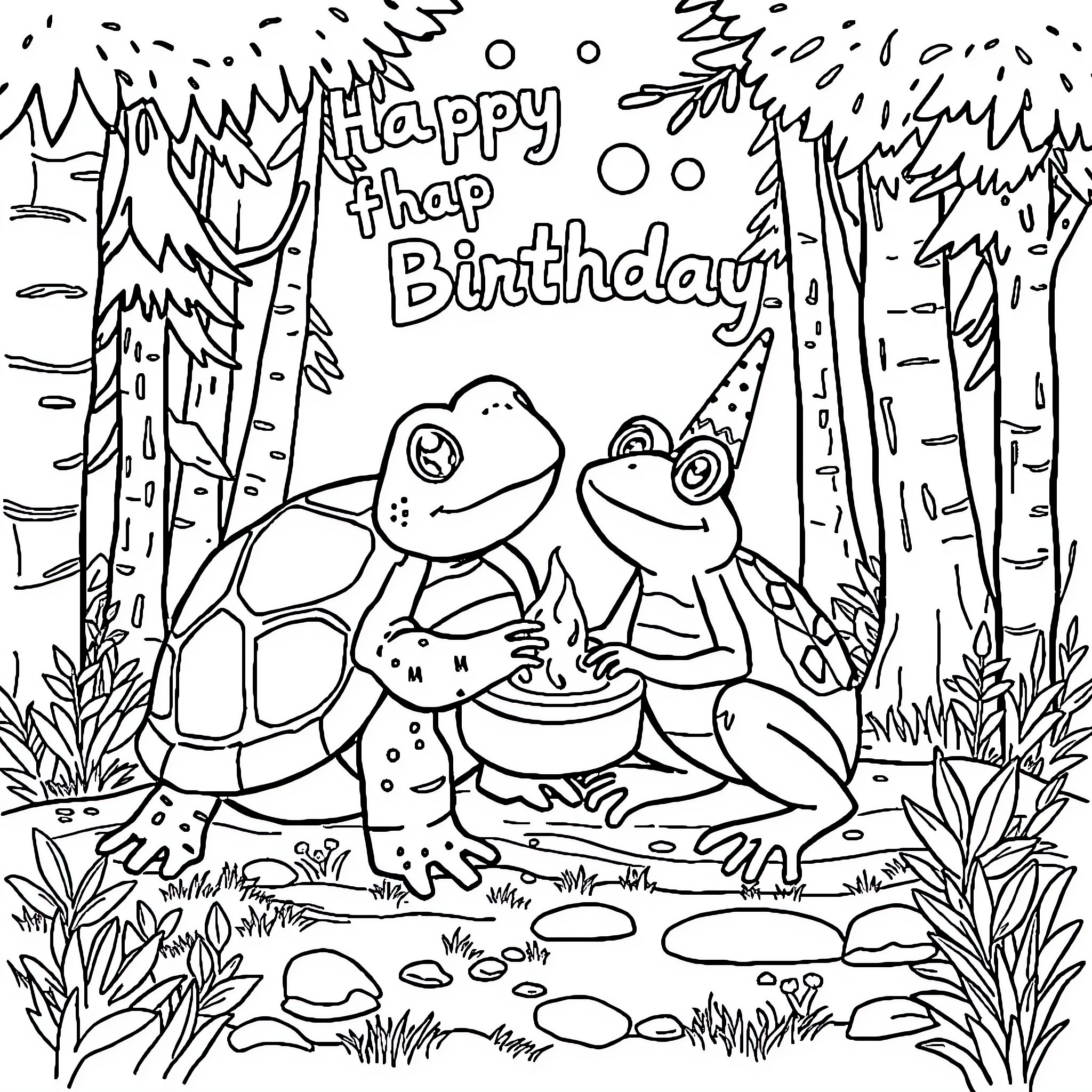 Turtles celebrating a happy birthday in the forest Coloring Page (free black-and-white line drawing printable PDF for all, from beginners to advanced learners, including children, teens, adults, and seniors)