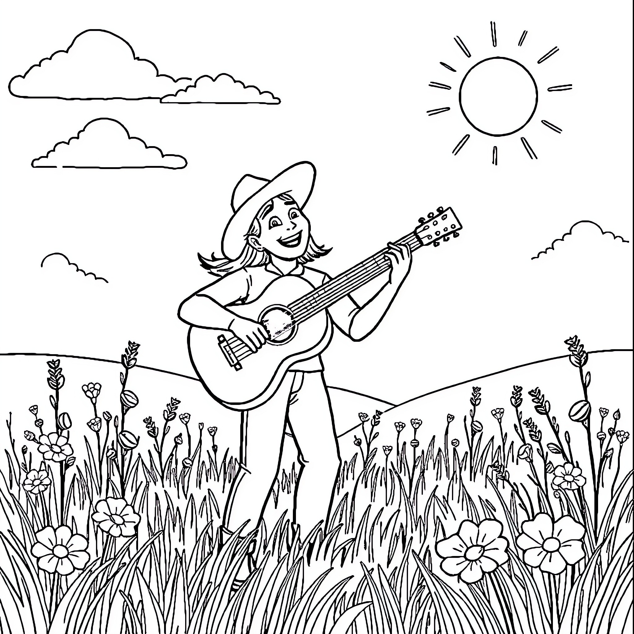 Tralalero guitarist plays happily in a flowery meadow Coloring Page (free black-and-white line drawing printable PDF for all, from beginners to advanced learners, including children, teens, adults, and seniors)