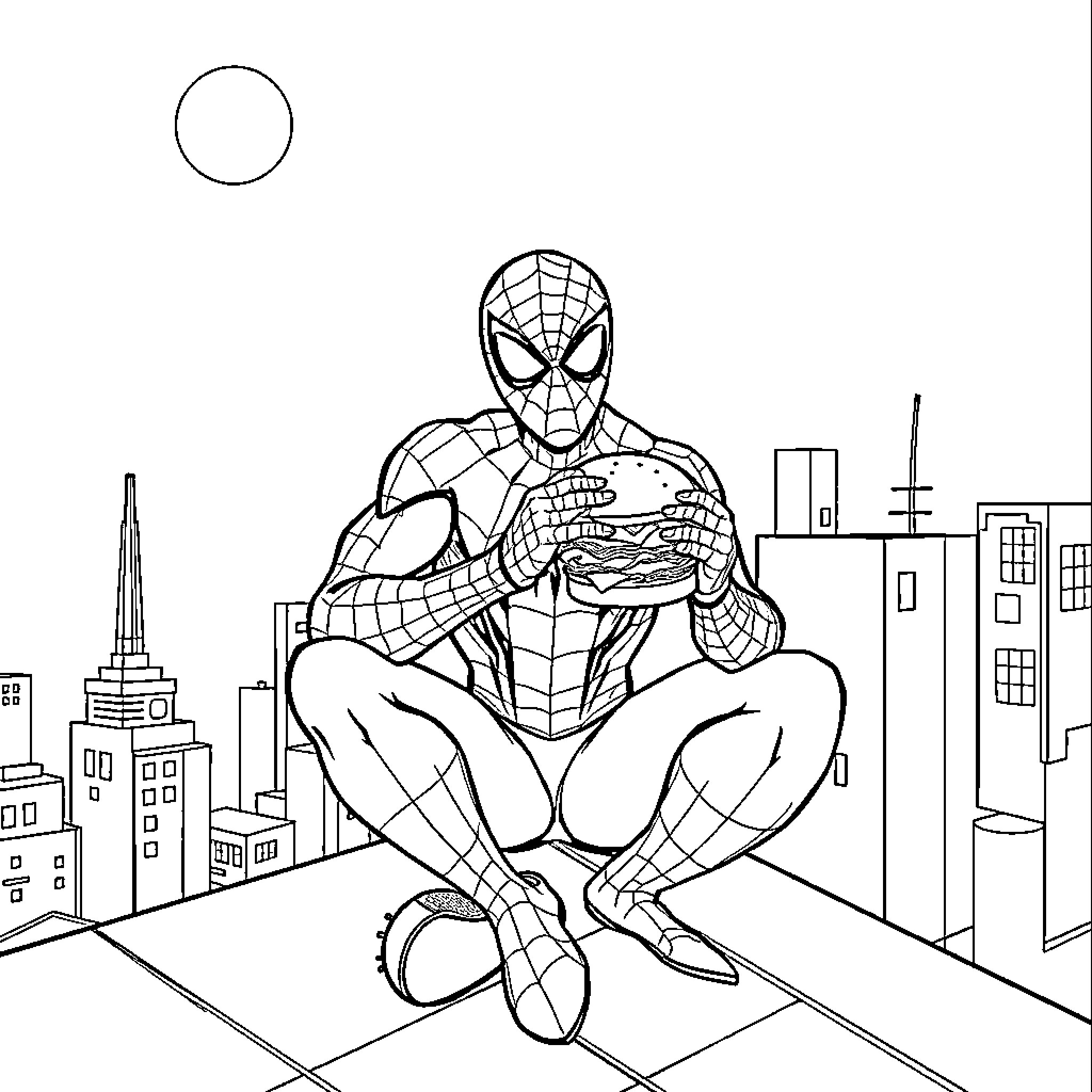 Spiderman crouching on rooftop overlooking cityscape Coloring Page (free black-and-white line drawing printable PDF for all, from beginners to advanced learners, including children, teens, adults, and seniors)