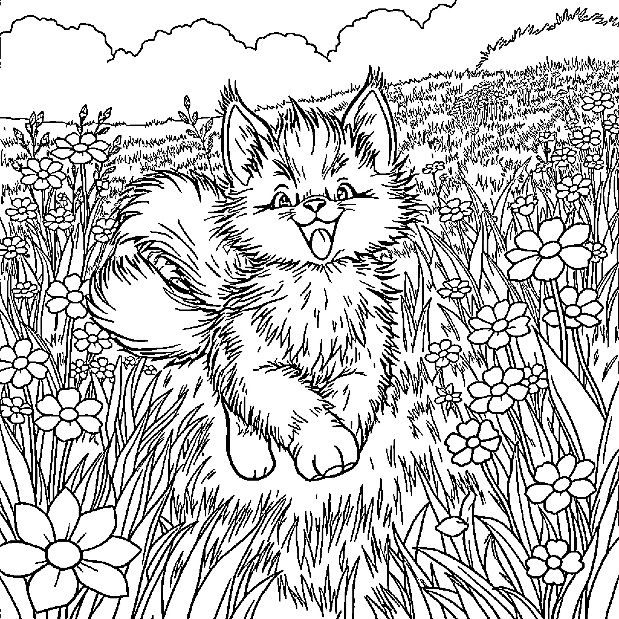 Felkin's Joyful Encounter in the Floral Meadow Coloring Page (free black-and-white line drawing printable PDF for all, from beginners to advanced learners, including children, teens, adults, and seniors)