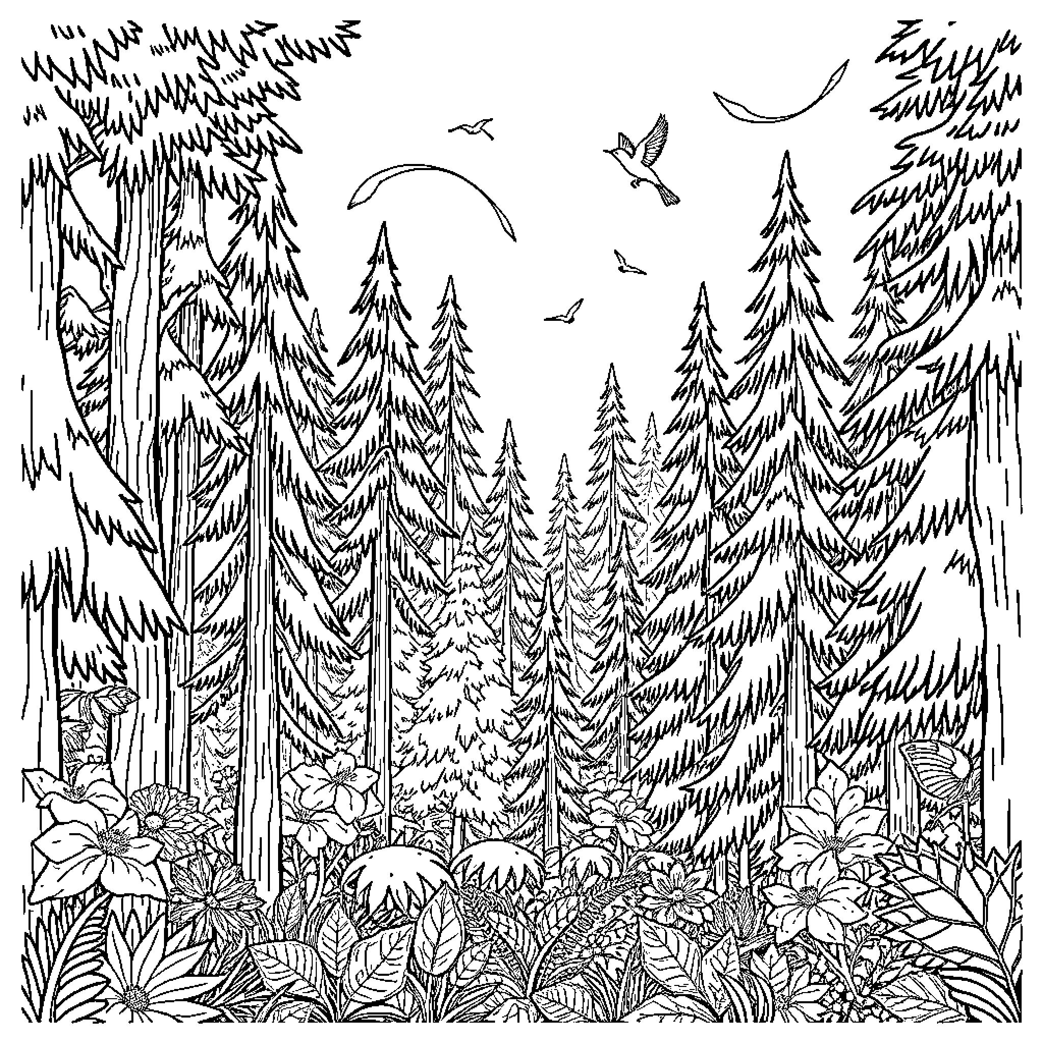 Forest scene with birds and flowers Coloring Page (free black-and-white line drawing printable PDF for all, from beginners to advanced learners, including children, teens, adults, and seniors)