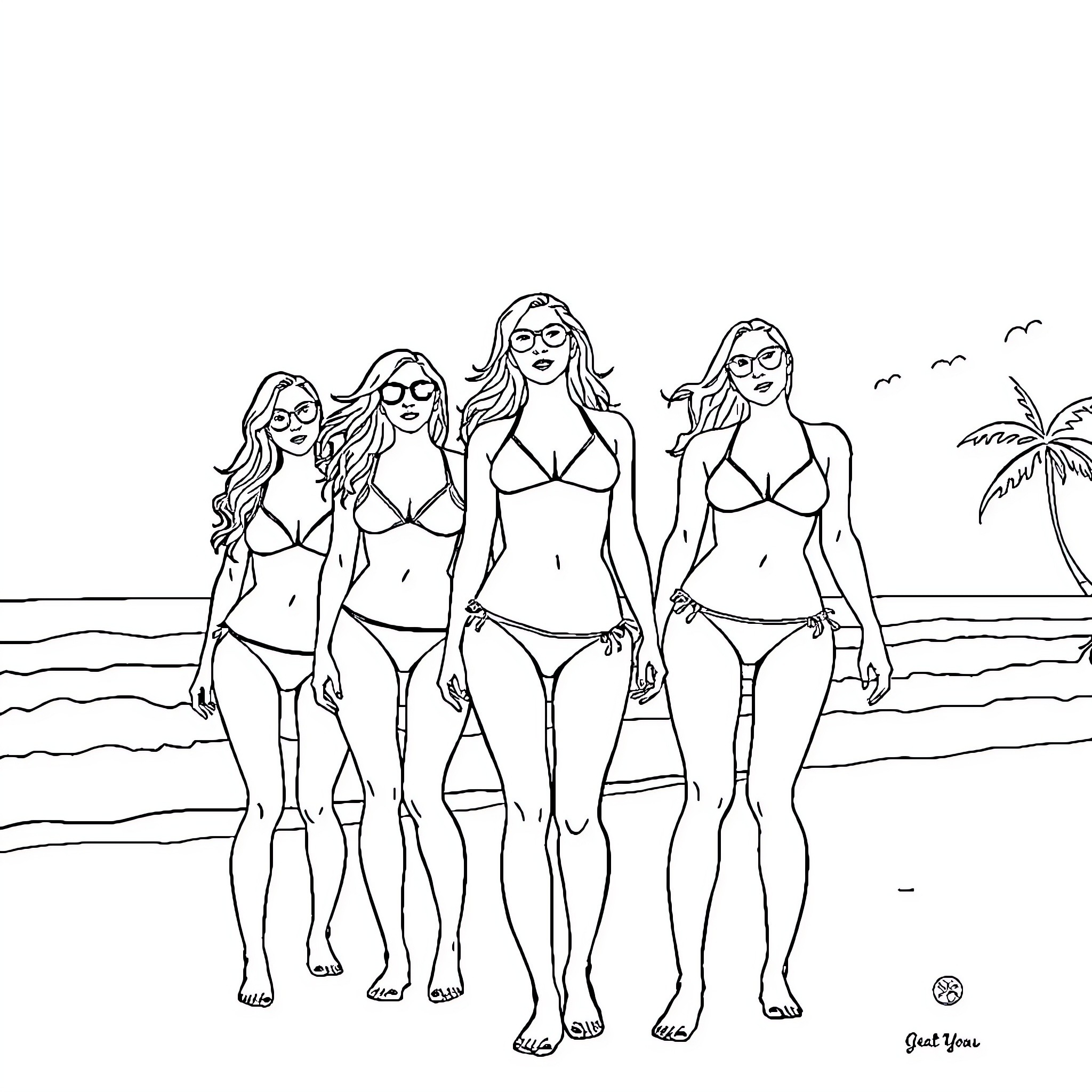 Women enjoying time at the beach Coloring Page (free black-and-white line drawing printable PDF for all, from beginners to advanced learners, including children, teens, adults, and seniors)