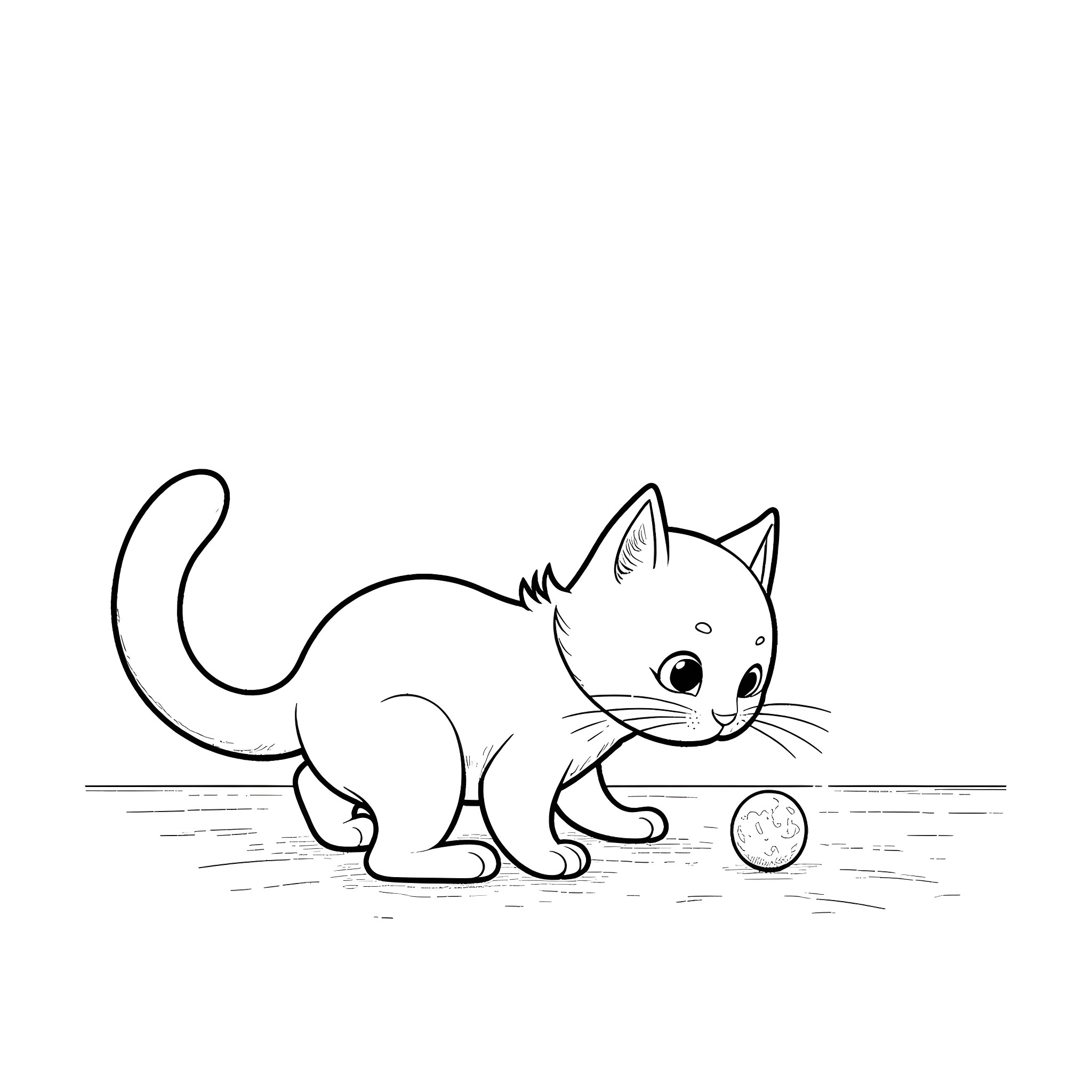 Cat playing with a ball Coloring Page (free black-and-white line drawing printable PDF for all, from beginners to advanced learners, including children, teens, adults, and seniors)