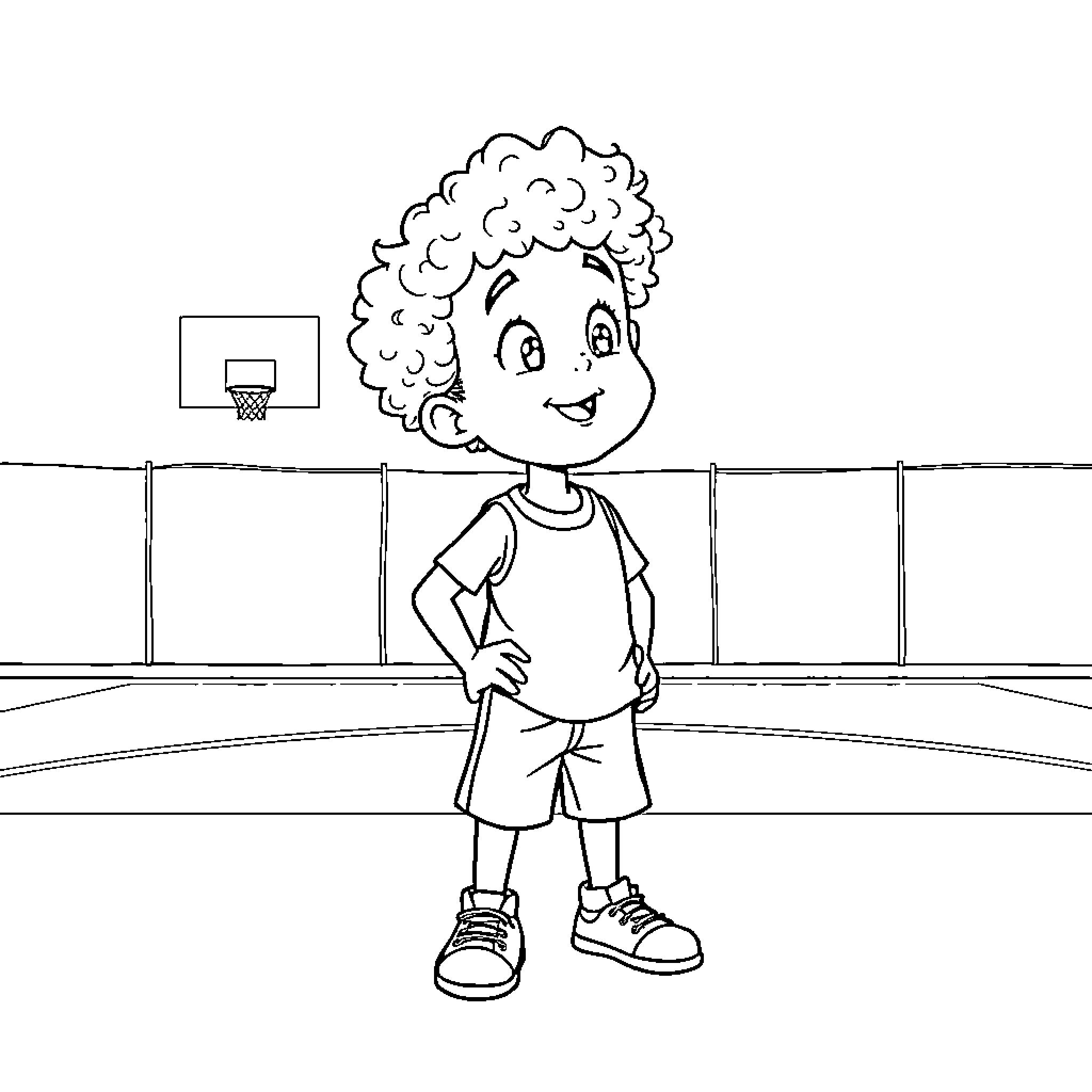 Boy posing on basketball court Coloring Page (free black-and-white line drawing printable PDF for all, from beginners to advanced learners, including children, teens, adults, and seniors)