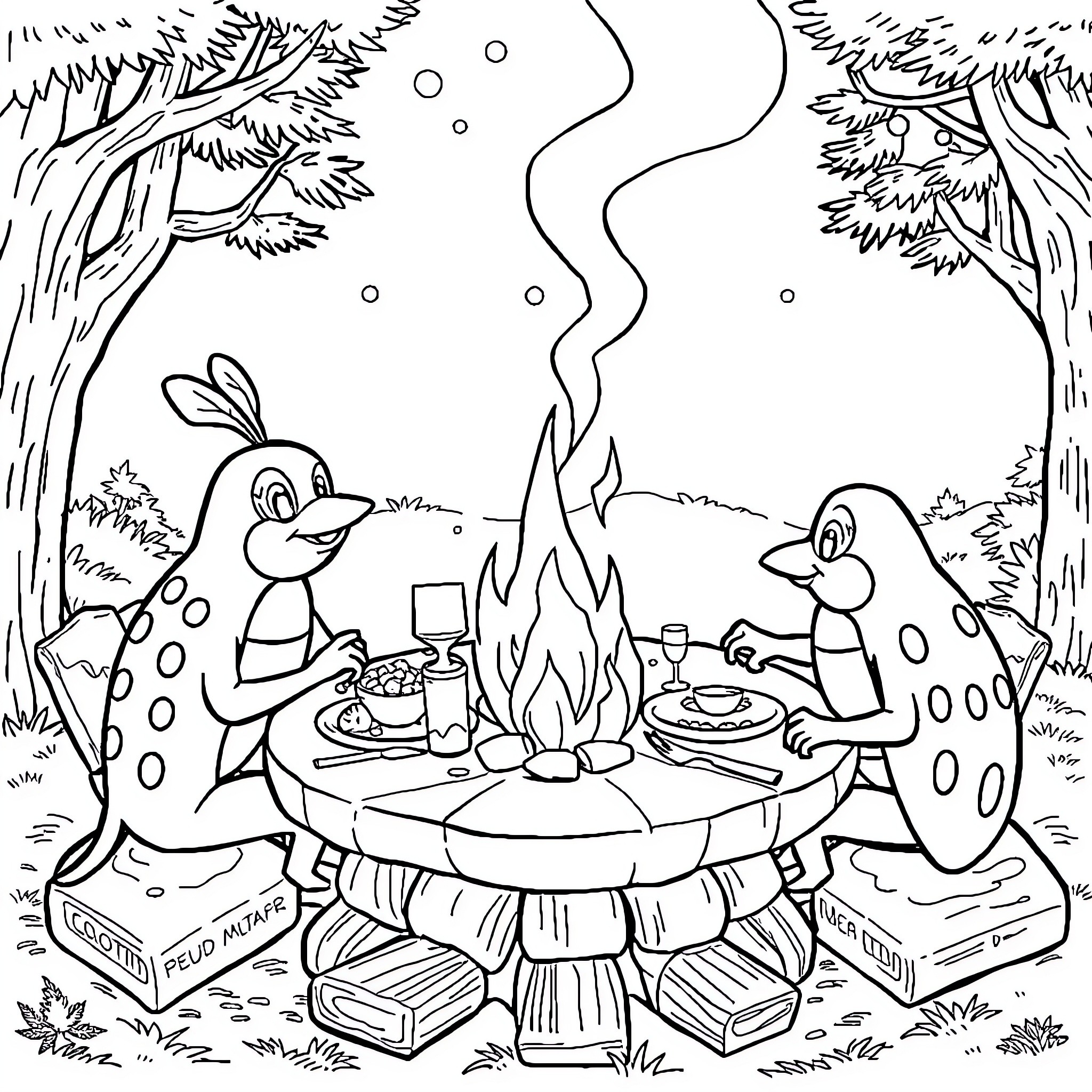 Pat Patrouille enjoying a campfire meal in the forest Coloring Page (free black-and-white line drawing printable PDF for all, from beginners to advanced learners, including children, teens, adults, and seniors)