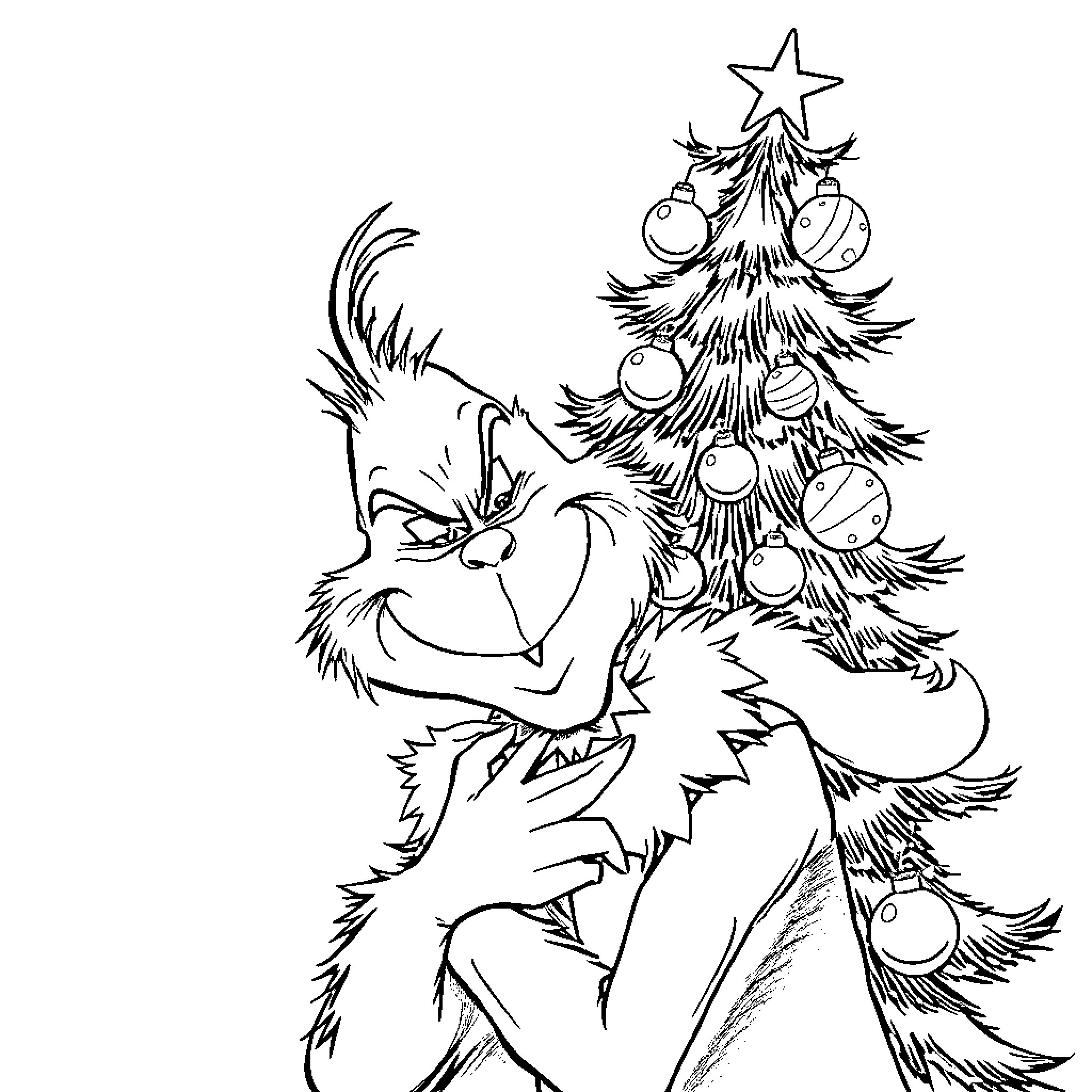 Christmas Tree with Playful Creature Coloring Page (free black-and-white line drawing printable PDF for all, from beginners to advanced learners, including children, teens, adults, and seniors)