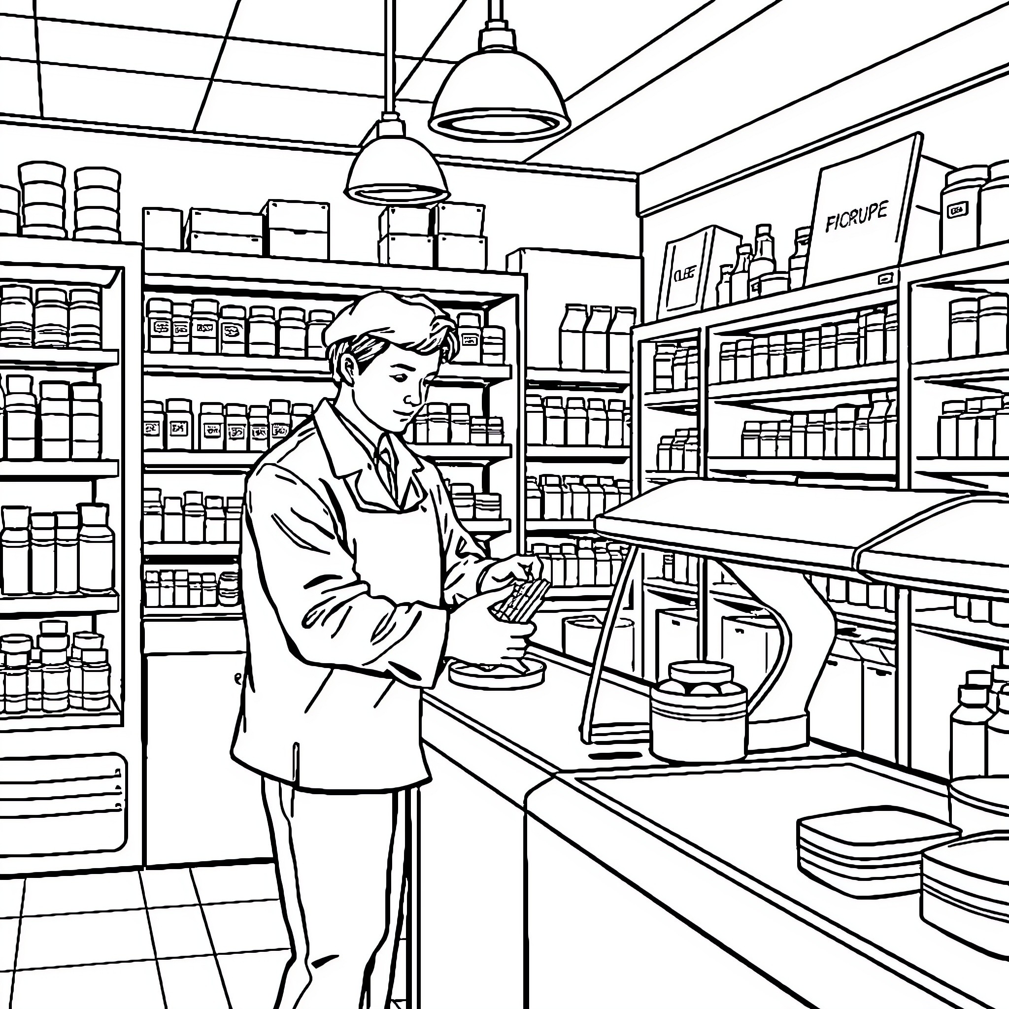 Pharmacien attending to customer at pharmacy counter Coloring Page (free black-and-white line drawing printable PDF for all, from beginners to advanced learners, including children, teens, adults, and seniors)