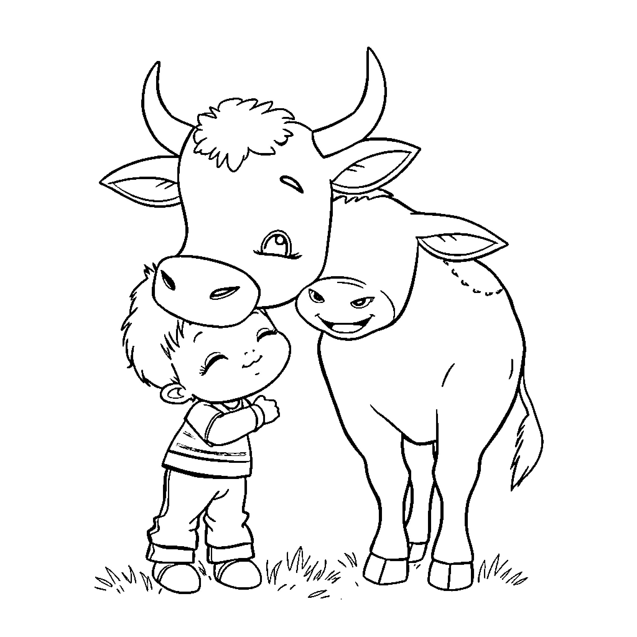 Vaca and child in friendly embrace Coloring Page (free black-and-white line drawing printable PDF for all, from beginners to advanced learners, including children, teens, adults, and seniors)