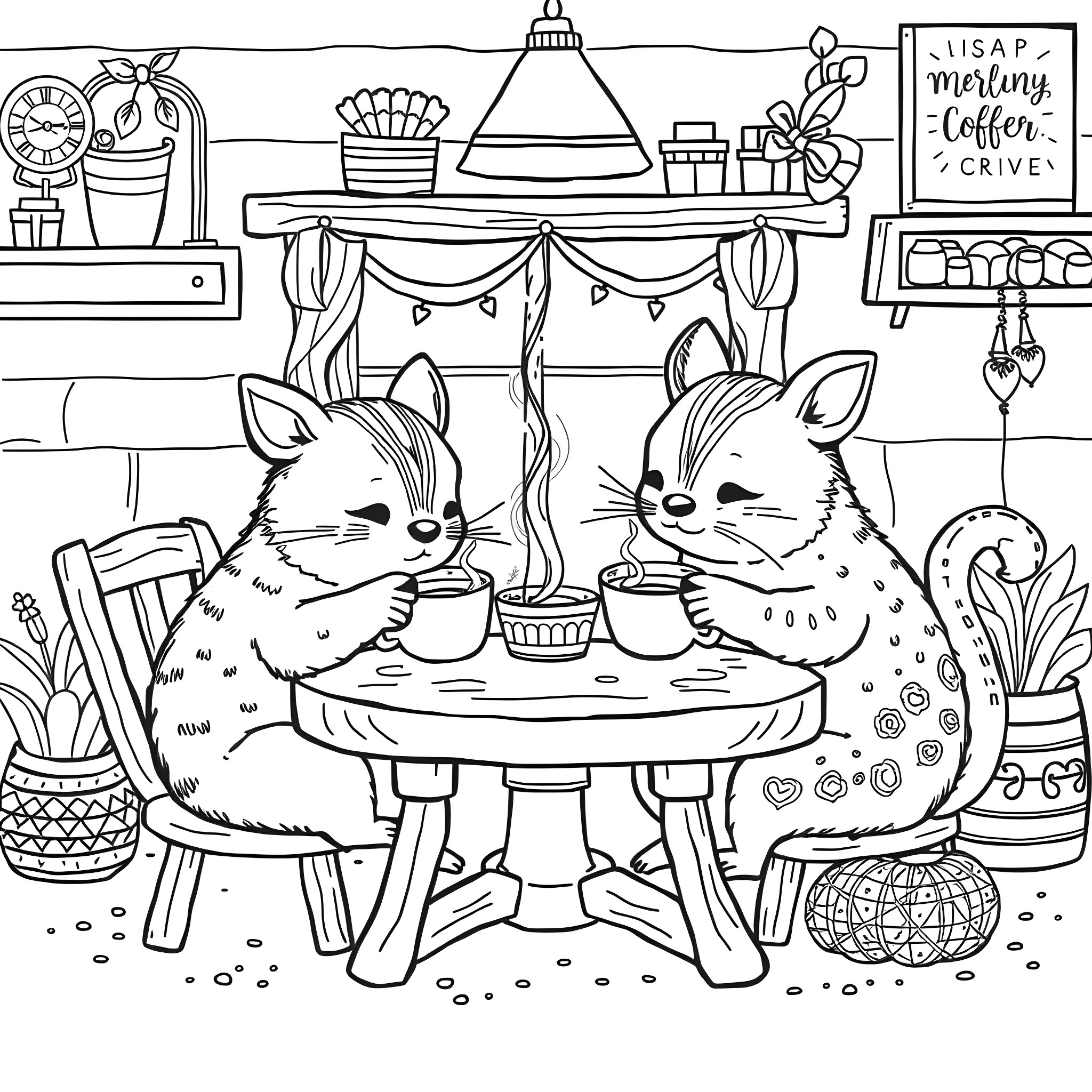 Animal Friends Having Coffee Together Coloring Page (free black-and-white line drawing printable PDF for all, from beginners to advanced learners, including children, teens, adults, and seniors)