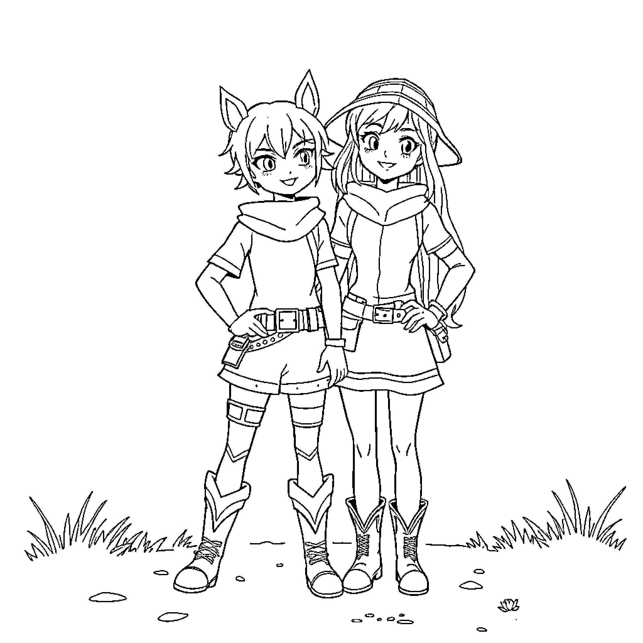 Asta and Noelle in adventurous poses Coloring Page (free black-and-white line drawing printable PDF for all, from beginners to advanced learners, including children, teens, adults, and seniors)