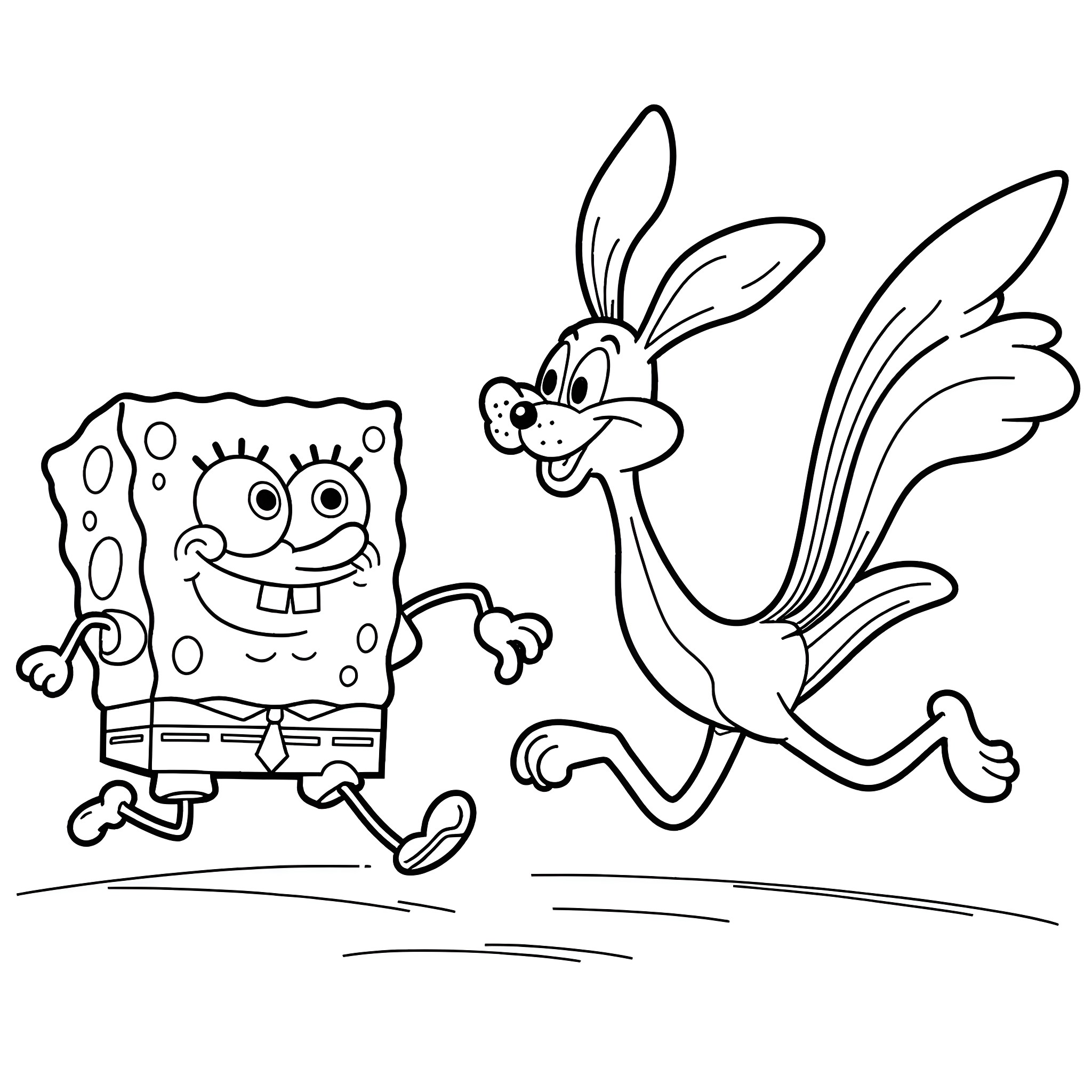 Spongebob and squirrel friend running happily Coloring Page (free black-and-white line drawing printable PDF for all, from beginners to advanced learners, including children, teens, adults, and seniors)