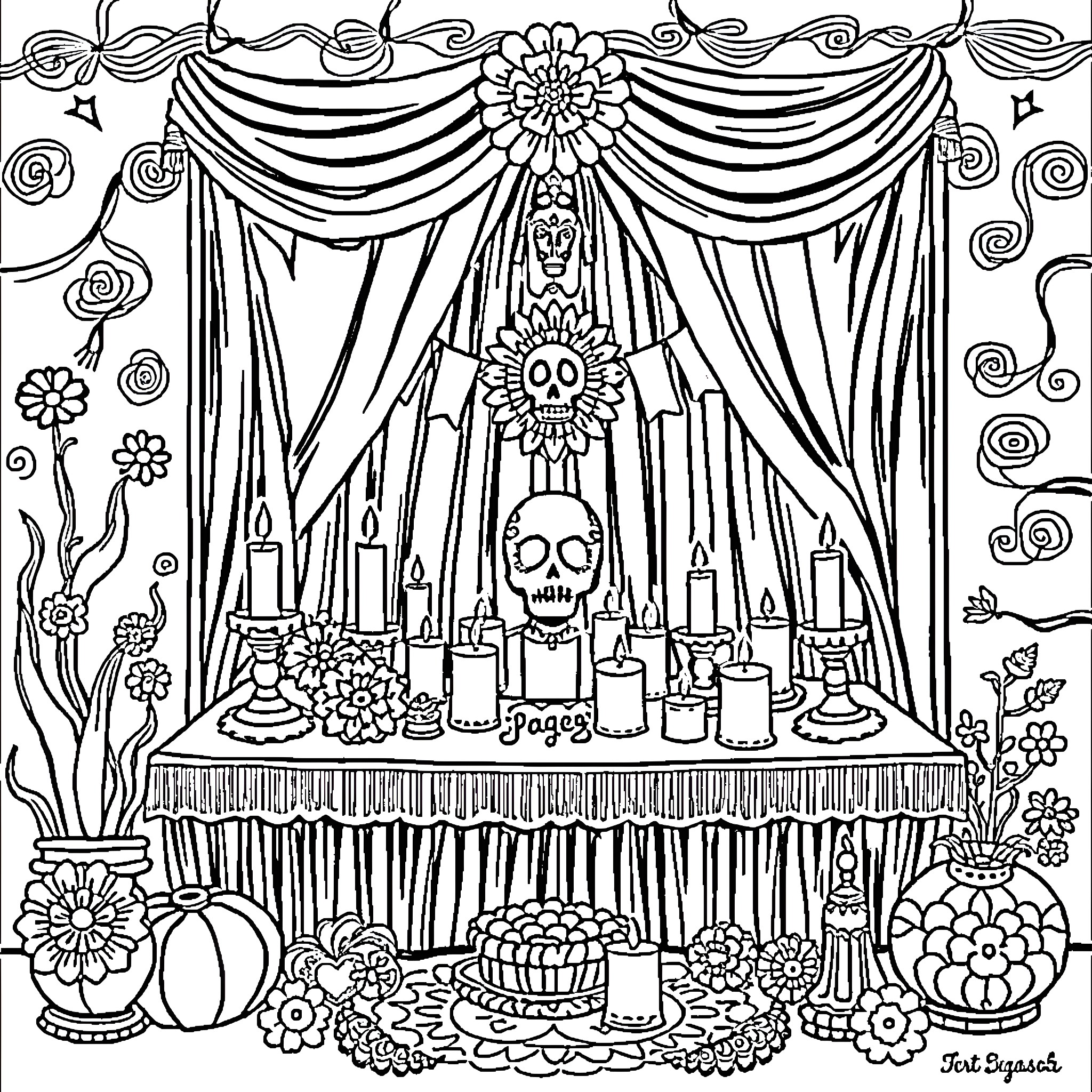 Altar with floral decorations and symbolic elements Coloring Page (free black-and-white line drawing printable PDF for all, from beginners to advanced learners, including children, teens, adults, and seniors)