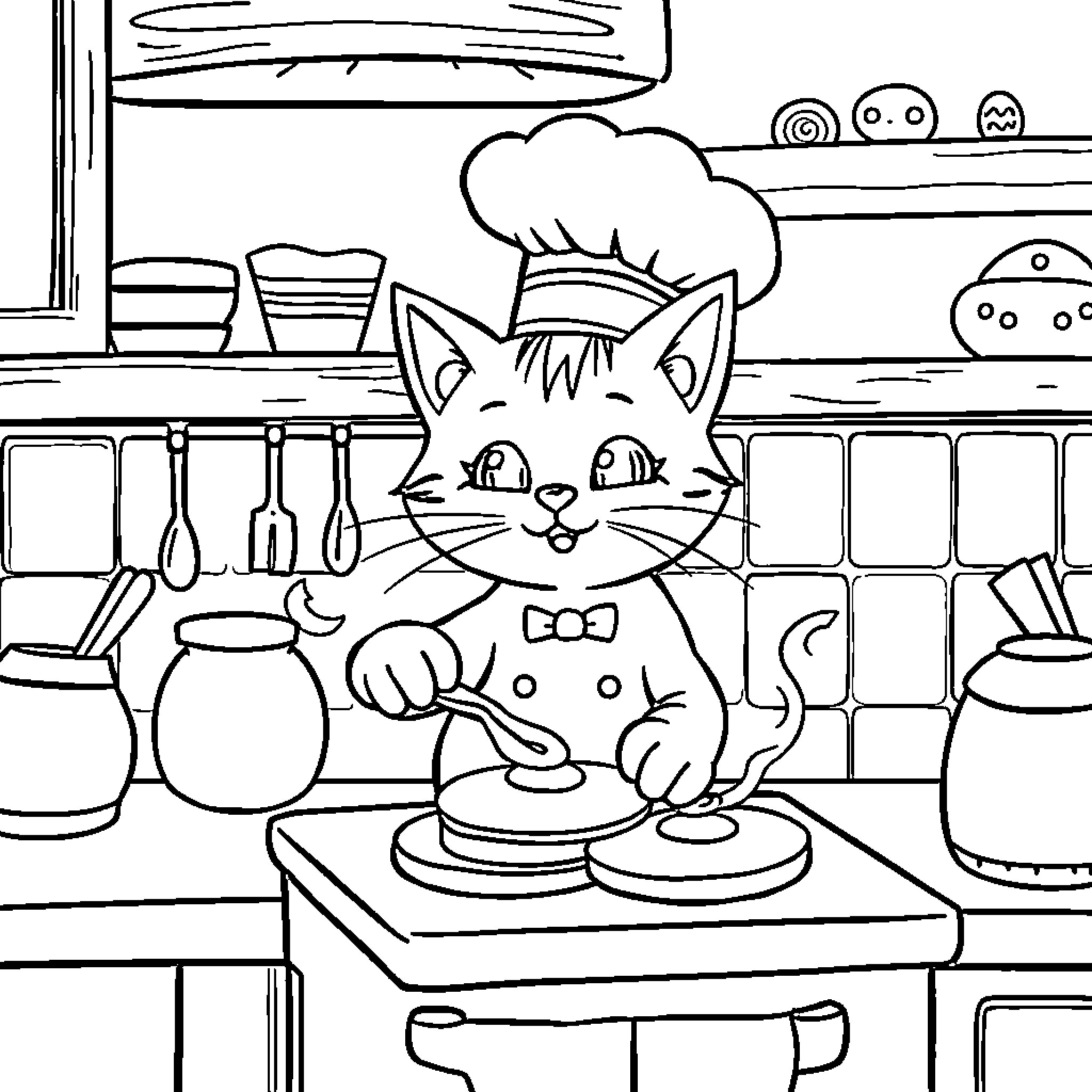 Cat chef cooking in the kitchen Coloring Page (free black-and-white line drawing printable PDF for all, from beginners to advanced learners, including children, teens, adults, and seniors)
