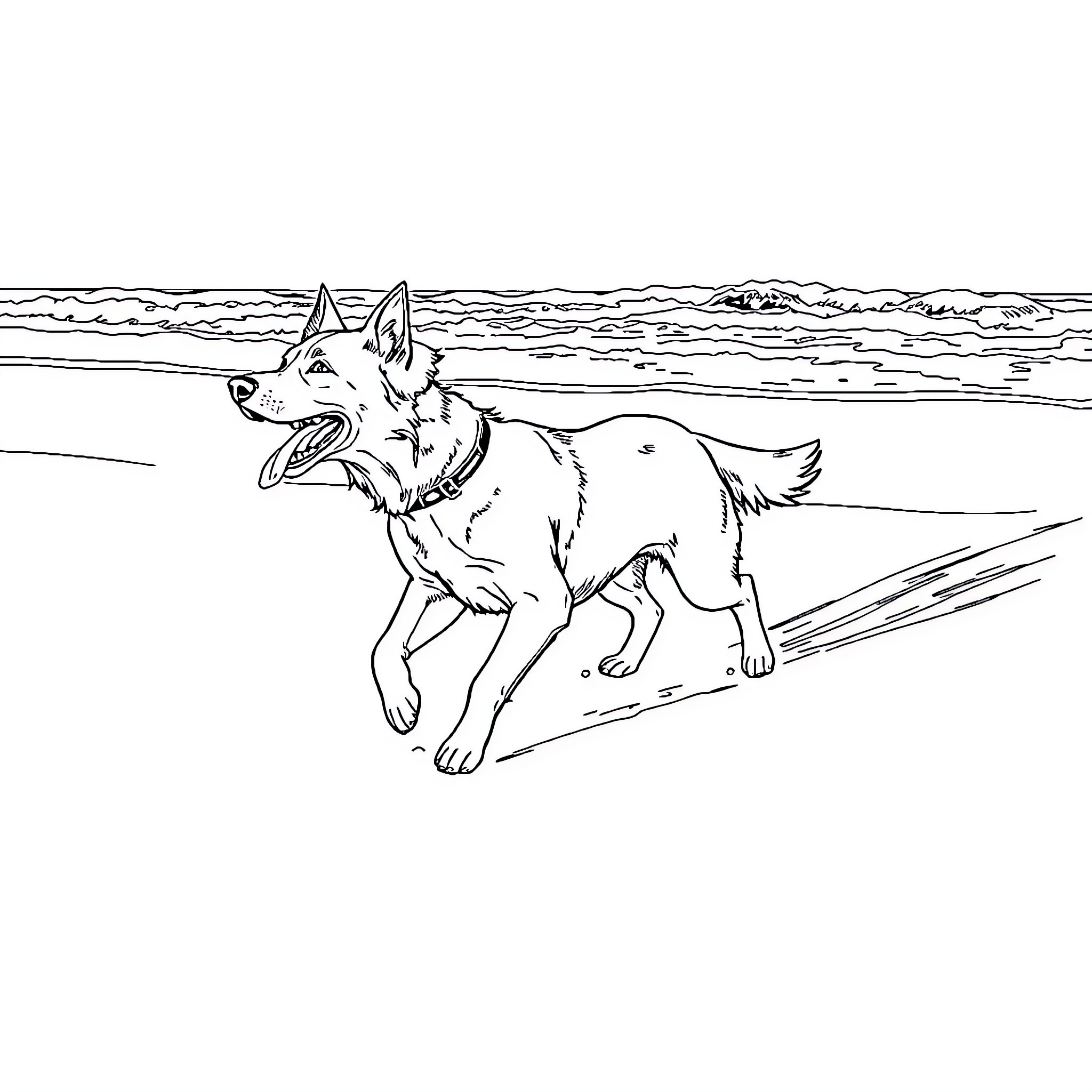 Dog running happily on the beach Coloring Page (free black-and-white line drawing printable PDF for all, from beginners to advanced learners, including children, teens, adults, and seniors)