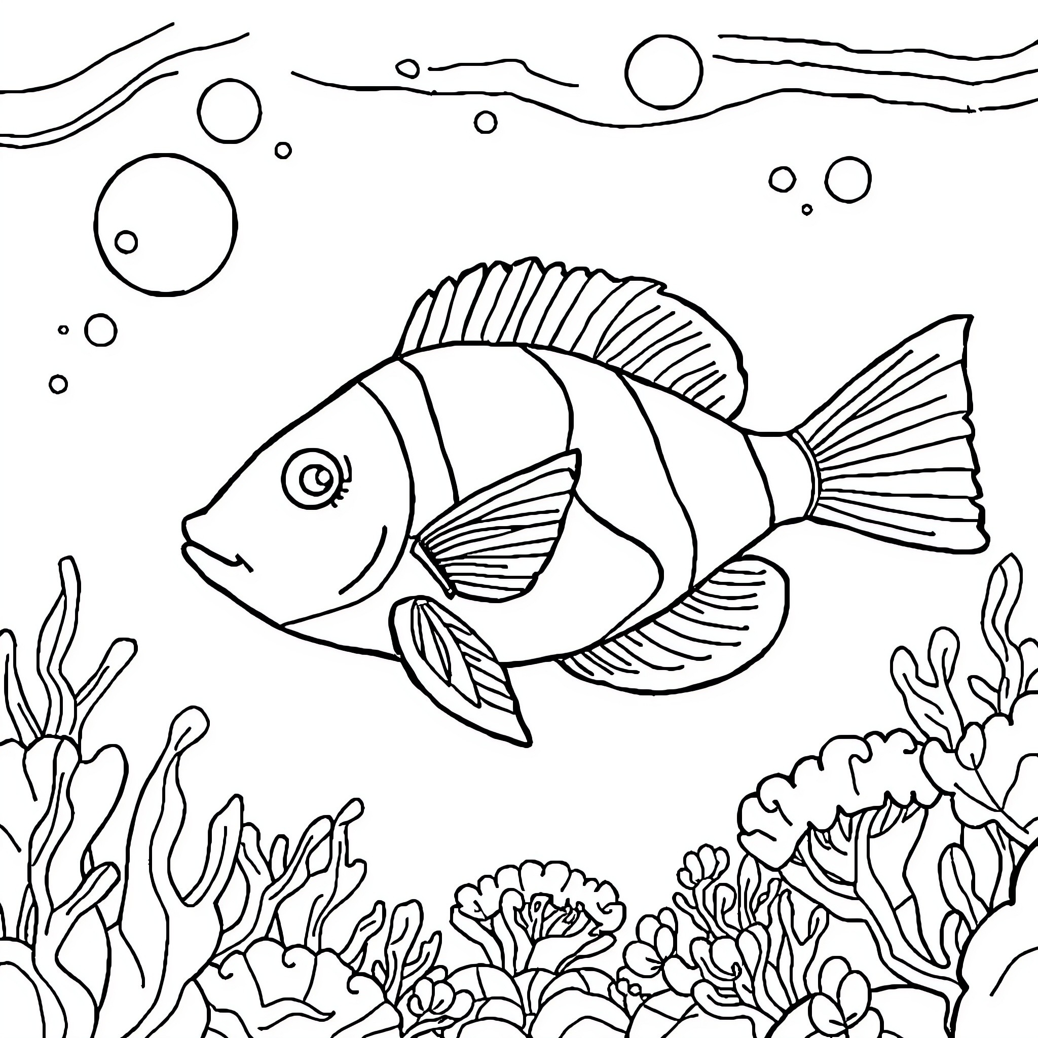 Sea Animal Swimming Playfully in Underwater Landscape Coloring Page (free black-and-white line drawing printable PDF for all, from beginners to advanced learners, including children, teens, adults, and seniors)
