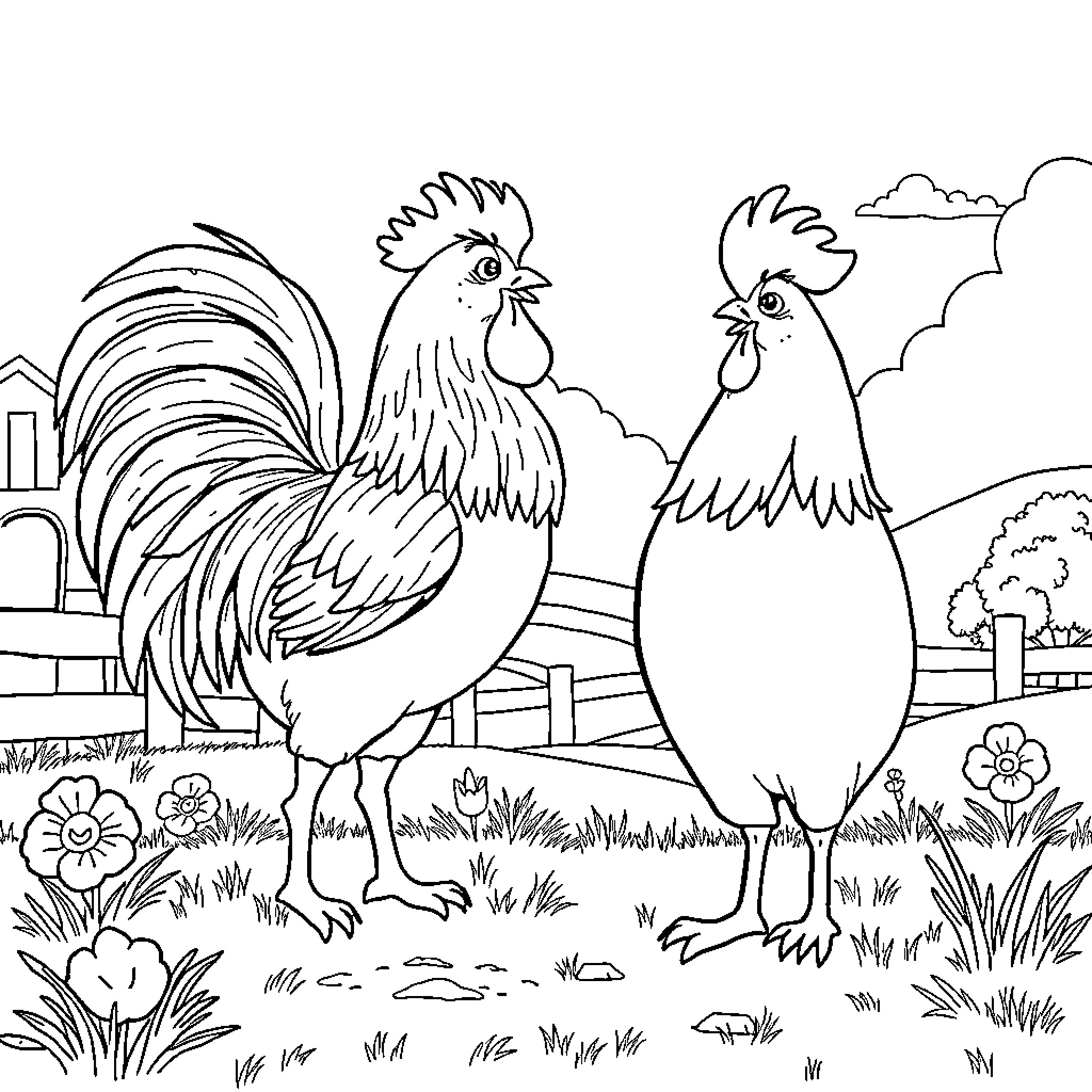 Cat Girl Chickens Posing in Farmyard Coloring Page (free black-and-white line drawing printable PDF for all, from beginners to advanced learners, including children, teens, adults, and seniors)