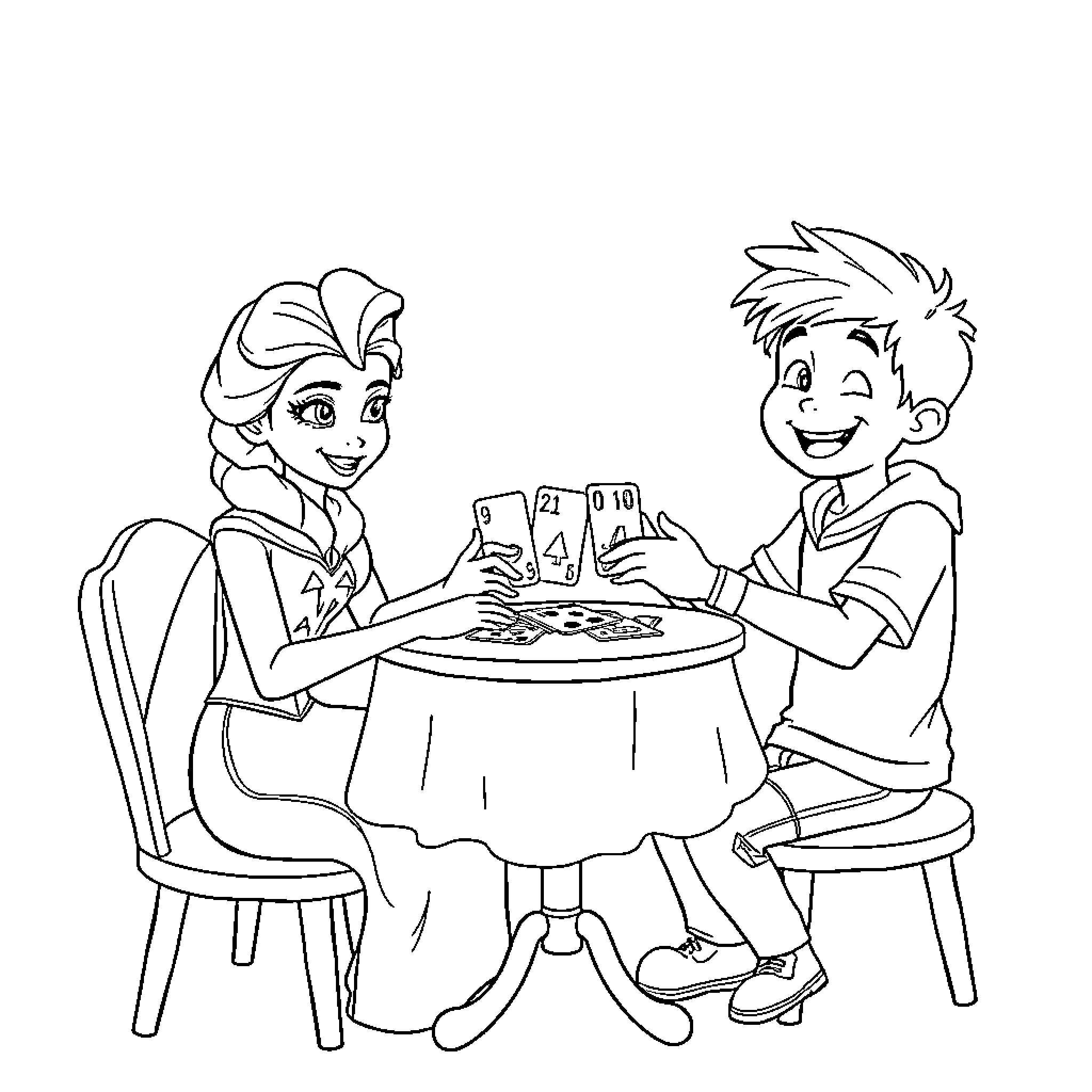 Elsa and friend playing cards together at table Coloring Page (free black-and-white line drawing printable PDF for all, from beginners to advanced learners, including children, teens, adults, and seniors)