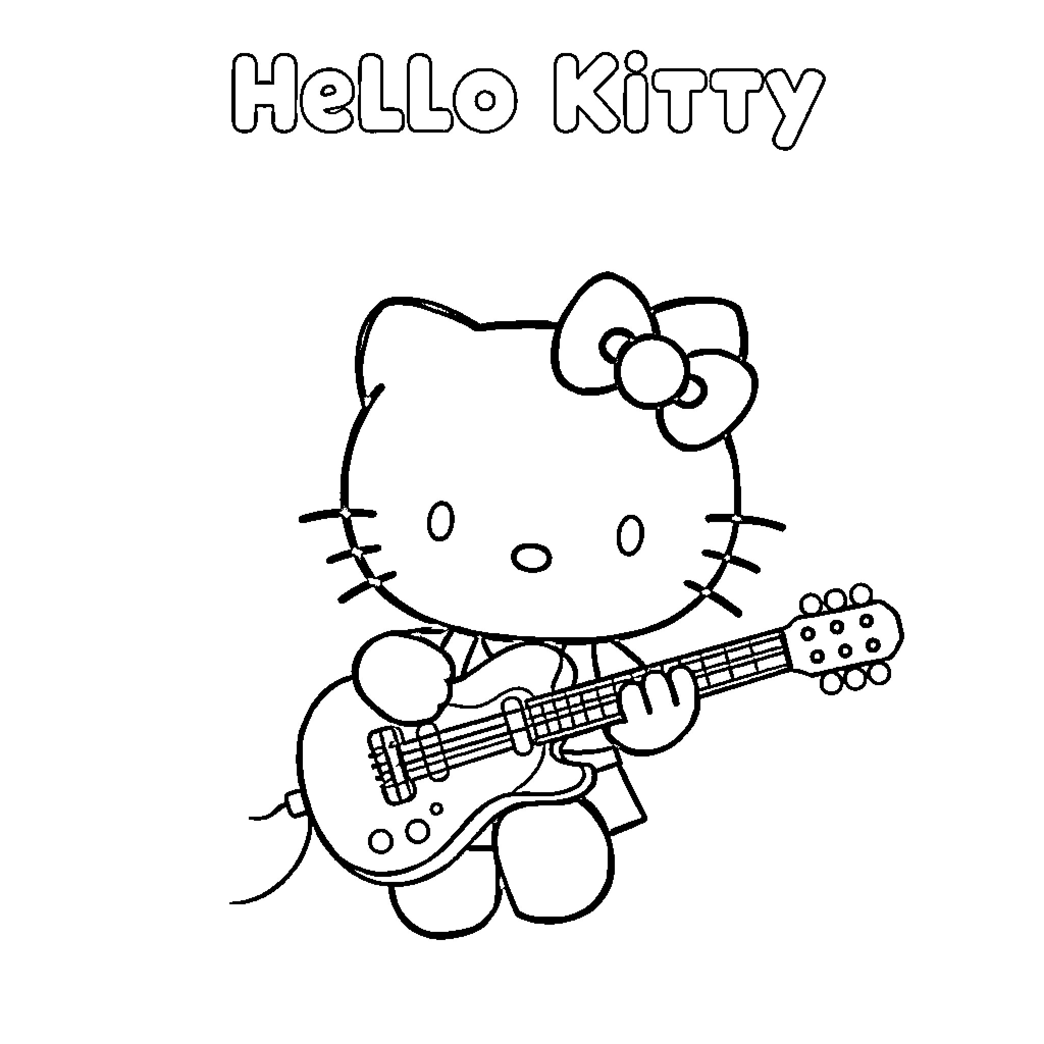 Hello Kitty playing guitar Coloring Page (free black-and-white line drawing printable PDF for all, from beginners to advanced learners, including children, teens, adults, and seniors)