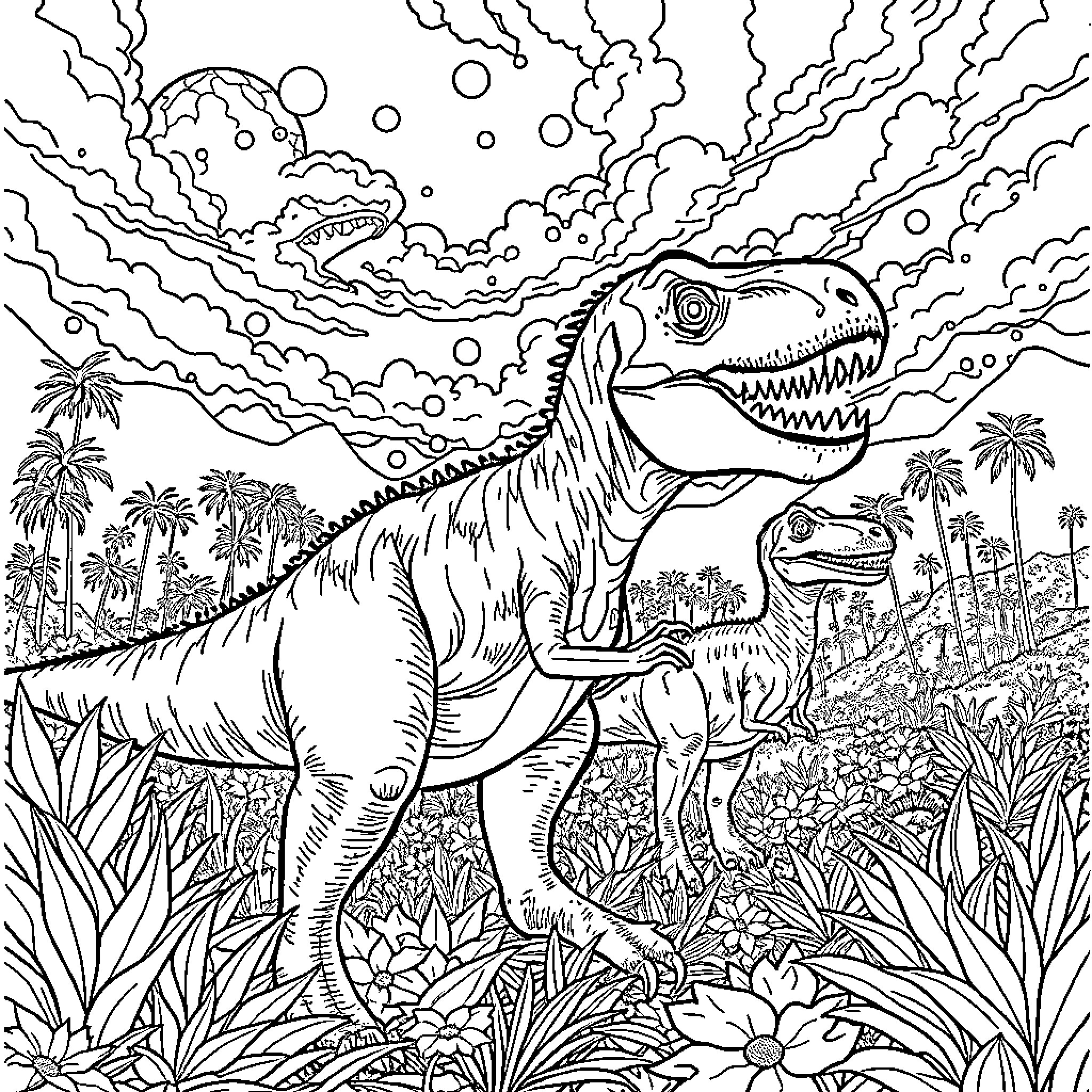 Jurassic World Dinosaur Roaming in Tropical Landscape Coloring Page (free black-and-white line drawing printable PDF for all, from beginners to advanced learners, including children, teens, adults, and seniors)