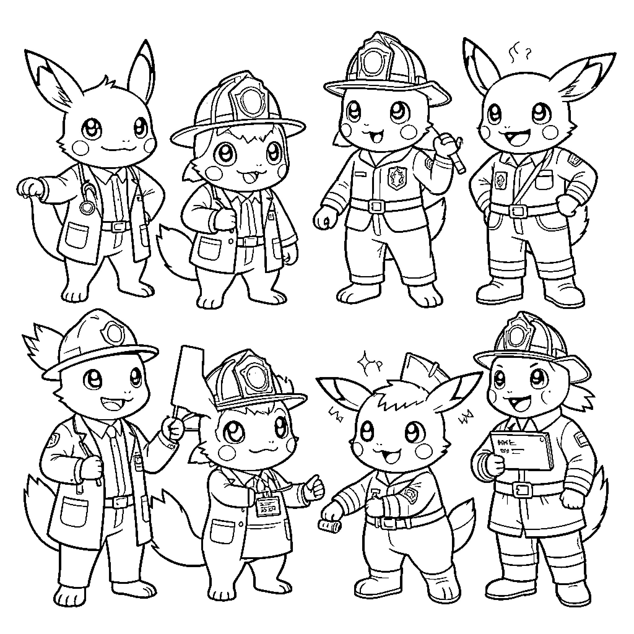 Pokémon characters dressed in firefighter outfits and gear Coloring Page (free black-and-white line drawing printable PDF for all, from beginners to advanced learners, including children, teens, adults, and seniors)