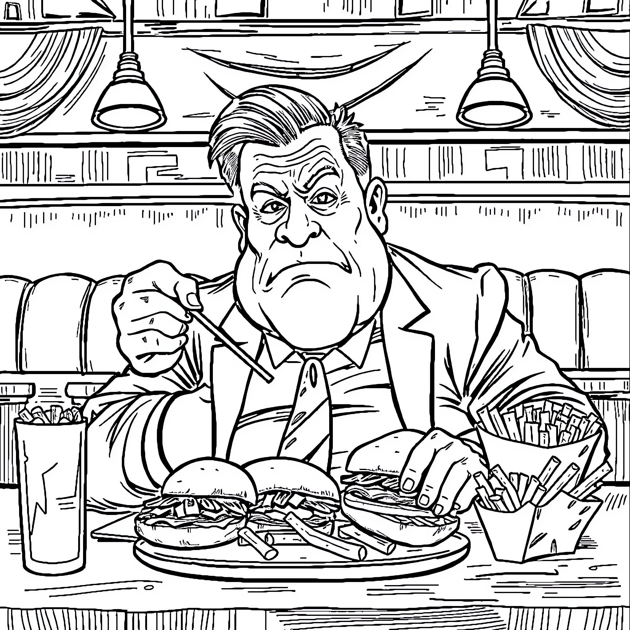 Politician Enjoys Unhealthy Meal in Restaurant Coloring Page (free black-and-white line drawing printable PDF for all, from beginners to advanced learners, including children, teens, adults, and seniors)